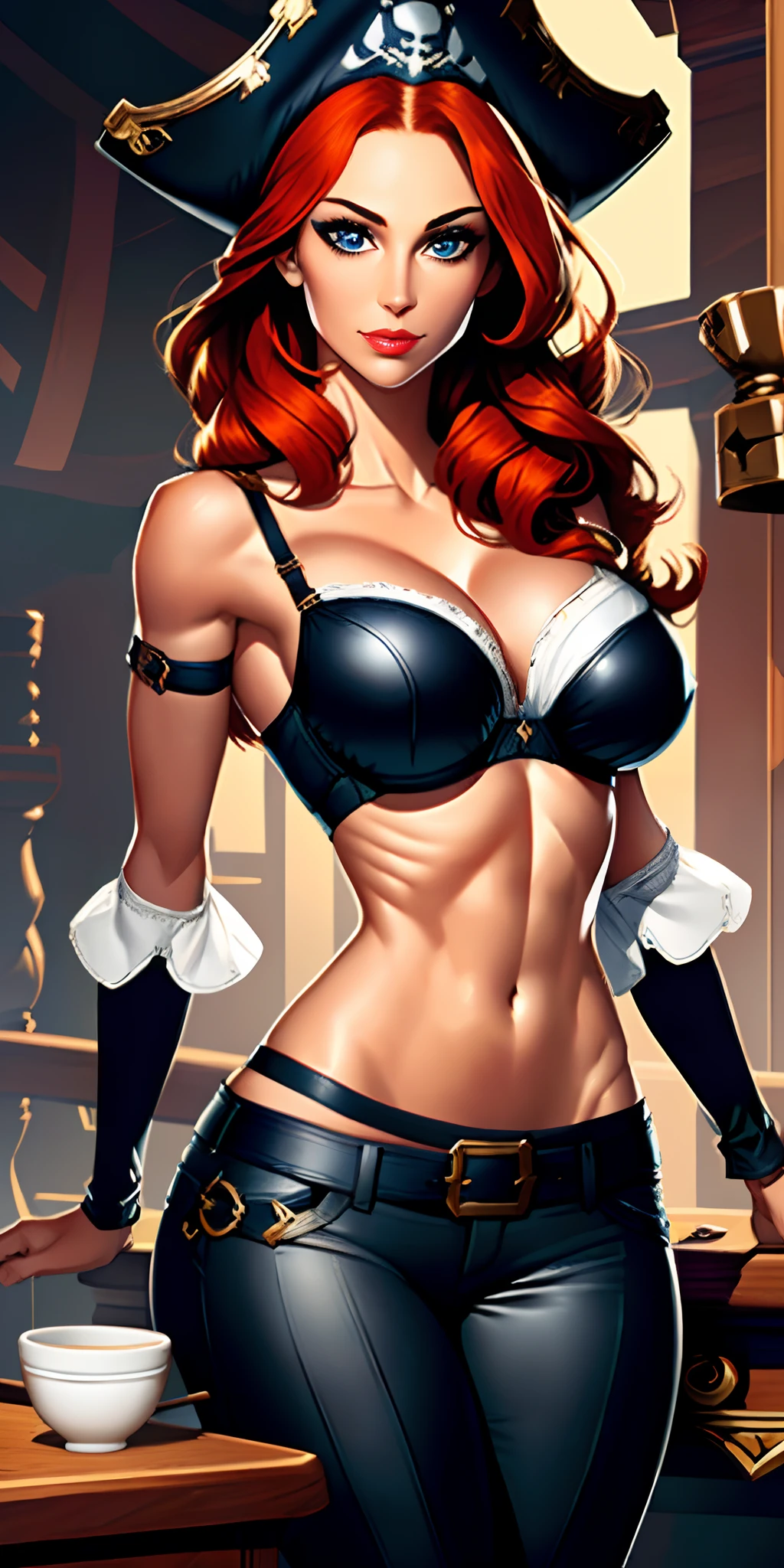 (masterpiece, best quality)1.5, 1girl, solo, (sexy, beautiful woman, perfect face, perfect eyes)1.5, (sarah fortune, miss fortune, black pants, knee-high boots, black midriff, cutlass sword, pirate hat, black bra, strap slip, bare shoulders, detached sleeves, wide white sleeves, pants ), (standing inside the captain's room of a pirate ship)1.5, (orange hair, blue eyes), (medium breasts:1.5), (perfect female body:1.5), seductive smile, perfect lighting, smooth, hdr, 8k resolution,