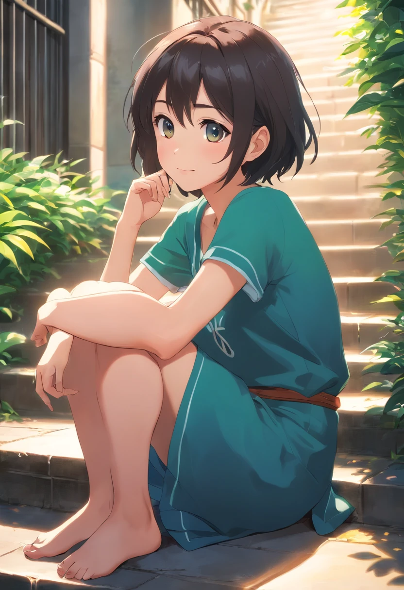 8K, Best quality, Masterpiece, 超高分辨率, (Realism: 1.4), Original photo, (Realistic skin texture: 1.3), (filmgrain: 1.3),Best quality,, (Fine details), (Intricate details), Cinematic light, Clear lines,1Blittle girl,adolable,ssmile,White eyes,with short black hair,JK,looking toward the viewer,Sitting on the steps