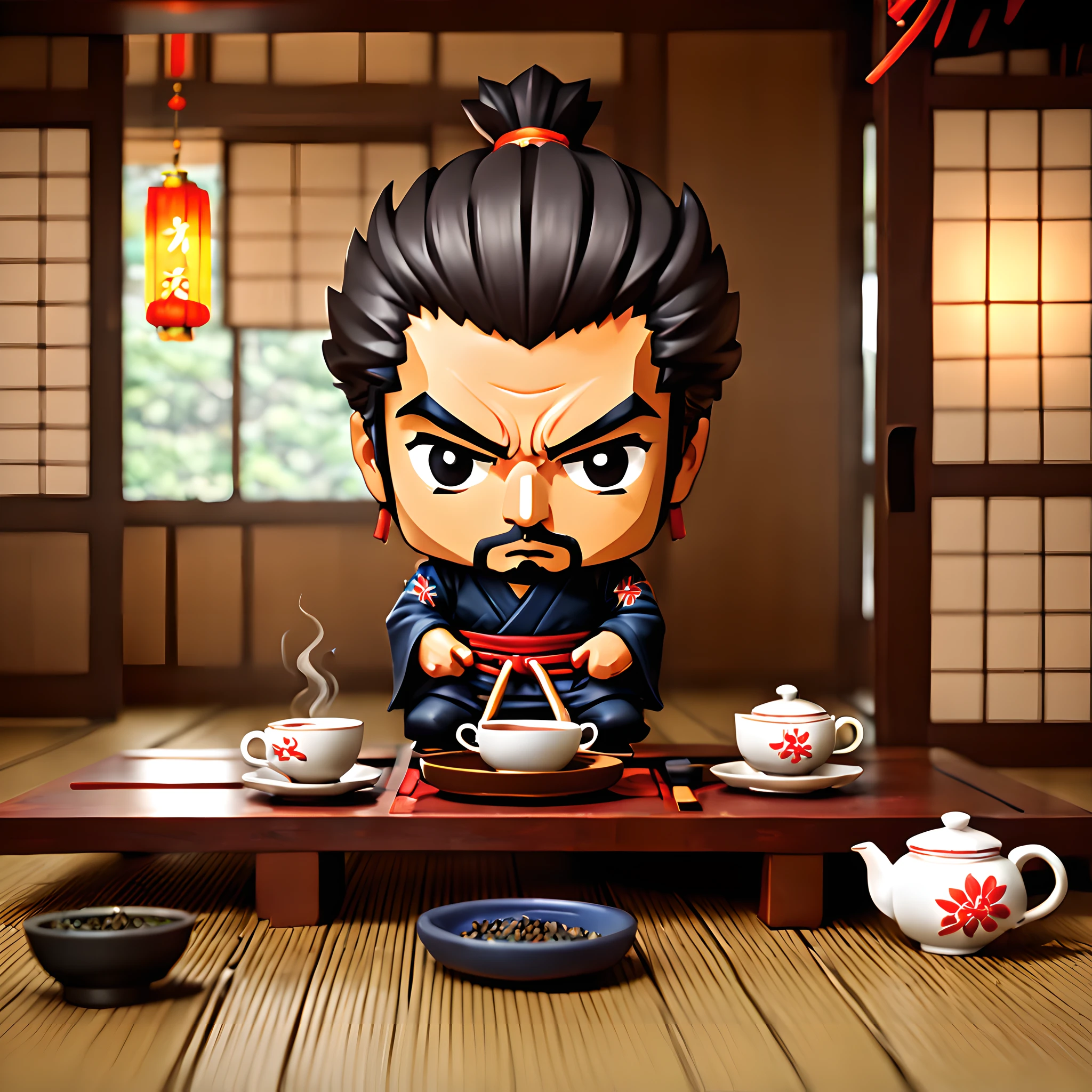 (Pixel art:1.5), (pixel theme:1.5), (chibi emote:1.5), (chibi character:1.5),(fantasy:1.5), (1japanse samurai:1.5), (Toshiro Mifune:1.5), (hot tea:1.5), (tea ceremony:1.5), (tearoom:1.5),(chinese tea cup:1.5),