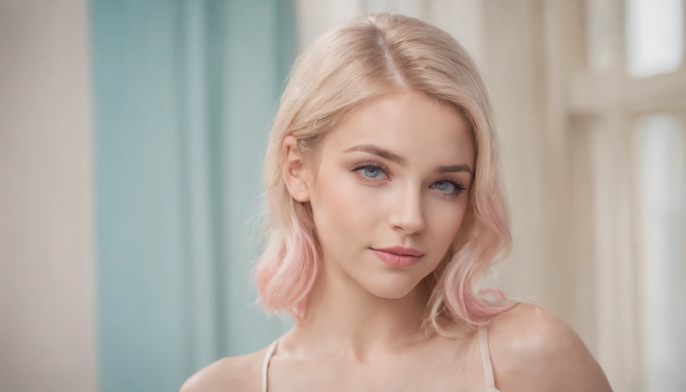 a stunningly cute 19 year old girl, blonde hair with bright all pink highlights and makeup and with blond hair with all cyan highlights. Very attracted to each other, passionate, in love, hug, holding, couple, happy, lesbian. dressed casually, loose crop top , gym wear, leggings, shorts, kissing, couple