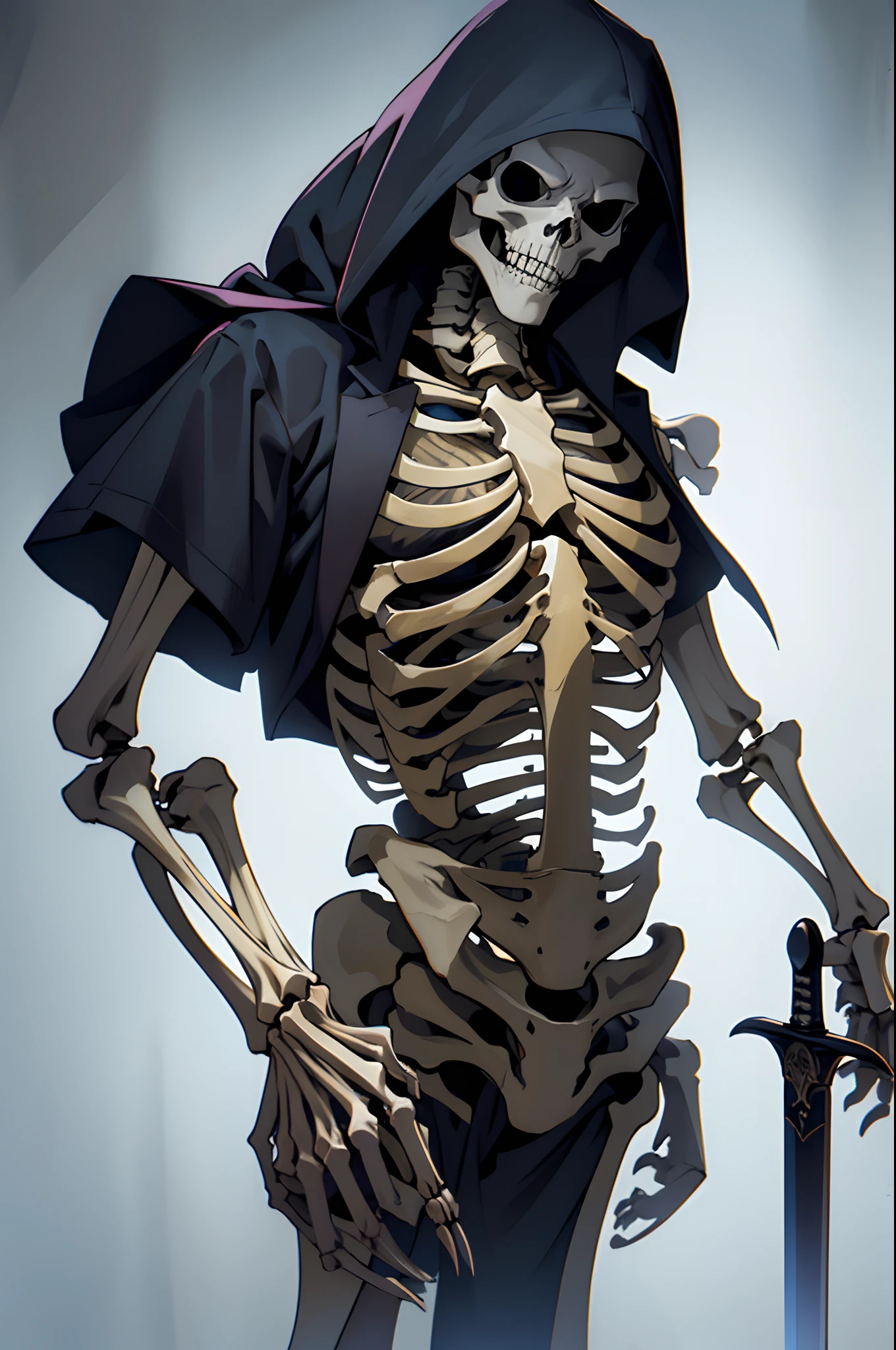 undead, skeleton, humanoid, scoundrel, ember, frontal view, stands, Killer's clothes, Facial bones, Living skeleton, undead, Fully skeletal, scoundrel, Skeleton of Hands, Fully skeletal, warrior , terrible , With a sword