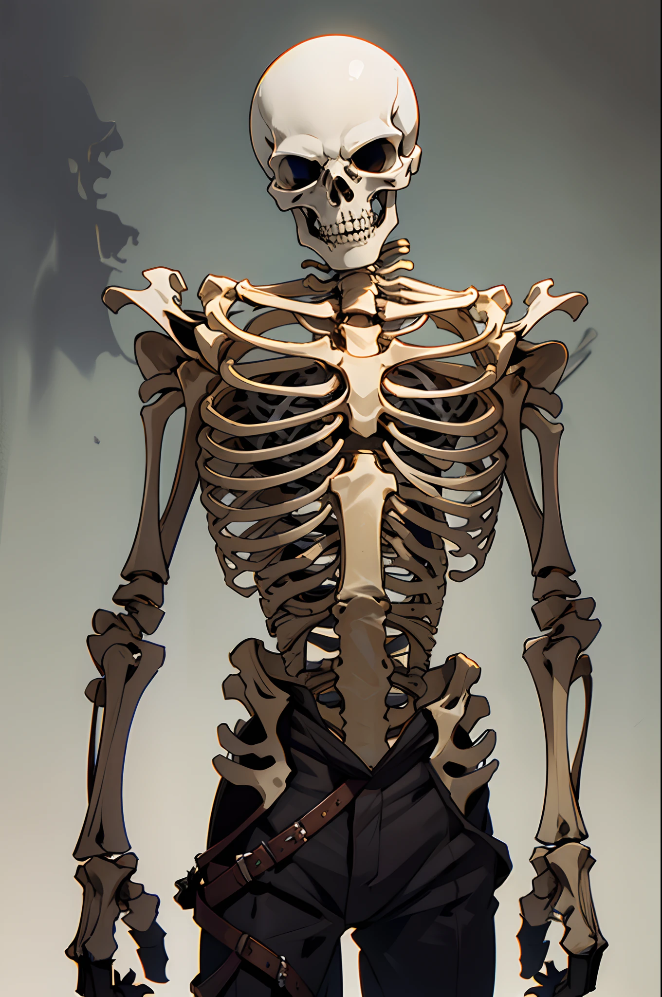 undead, skeleton, humanoid, scoundrel, ember, frontal view, stands, Killer's clothes, Facial bones, Living skeleton, undead, Fully skeletal, scoundrel, Skeleton Arms, Fully skeleton, warrior , terrible , With a sword