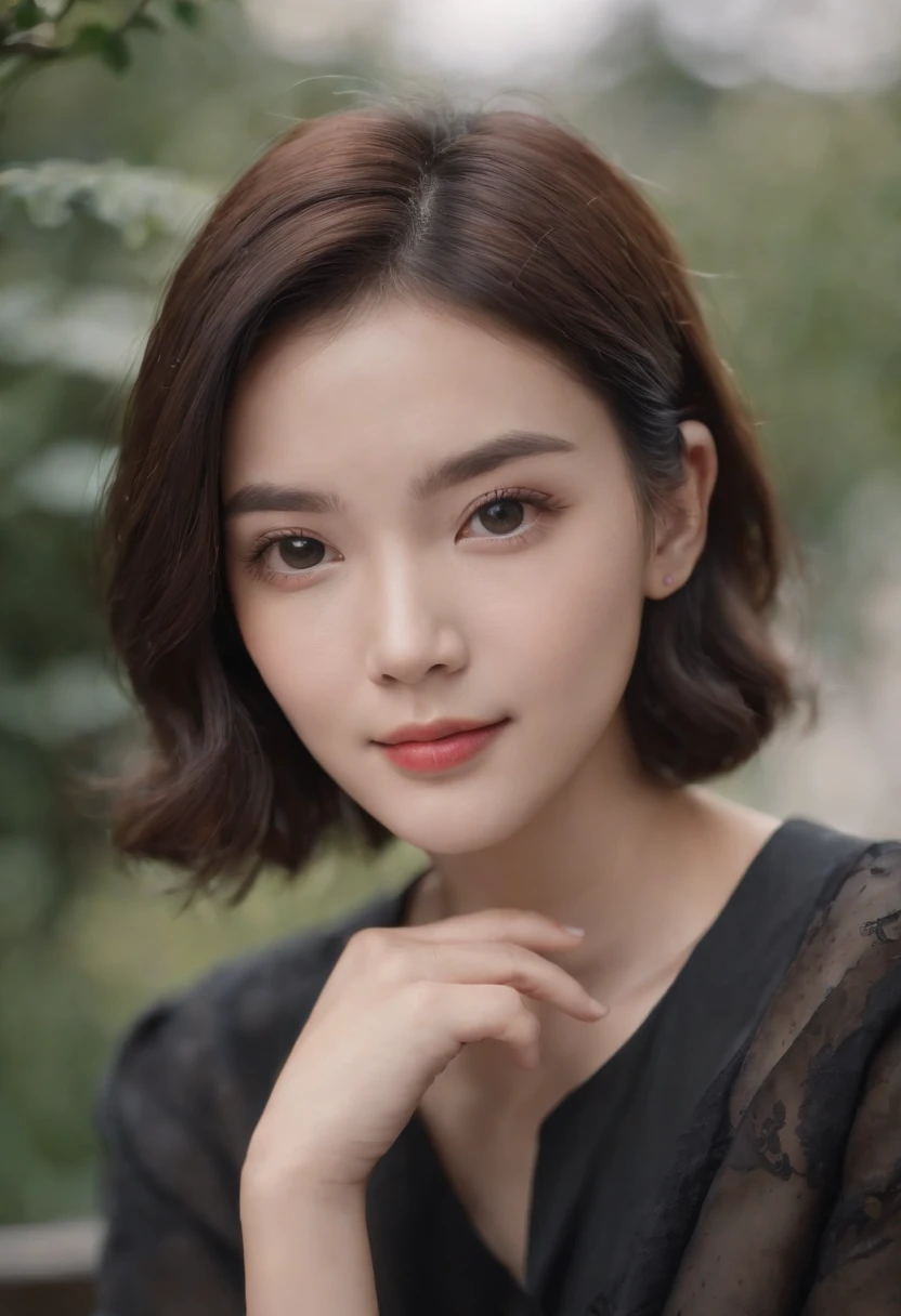 8K, Best quality, Masterpiece, 超高分辨率, (Realism: 1.4), Original photo, (Realistic skin texture: 1.3), (filmgrain: 1.3),Best quality,, (Fine details), (Intricate details), Cinematic light, Clear lines,1Blittle girl,adolable,ssmile,White eyes,with short black hair,JK,looking toward the viewer,Sitting on the steps