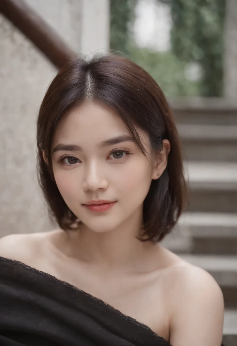 8K, Best quality, Masterpiece, 超高分辨率, (Realism: 1.4), Original photo, (Realistic skin texture: 1.3), (filmgrain: 1.3），Best quality,, (Fine details), (Intricate details), Cinematic light, Clear lines,1Blittle girl，adolable，ssmile，White eyes，with short black hair，JK，looking toward the viewer，Sitting on the steps