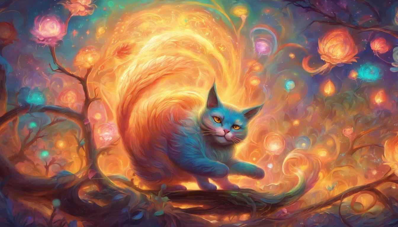 Fat Psychedelic cat, representation of mania, Vomiting crazed souls, glowing souls, gothic chesire