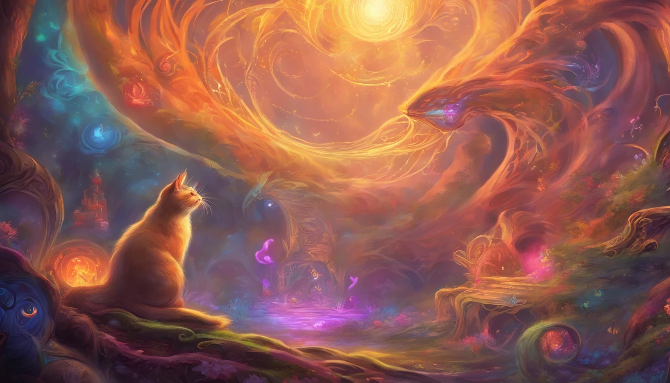Fat Psychedelic cat, representation of mania, Vomiting crazed souls, glowing souls, gothic chesire