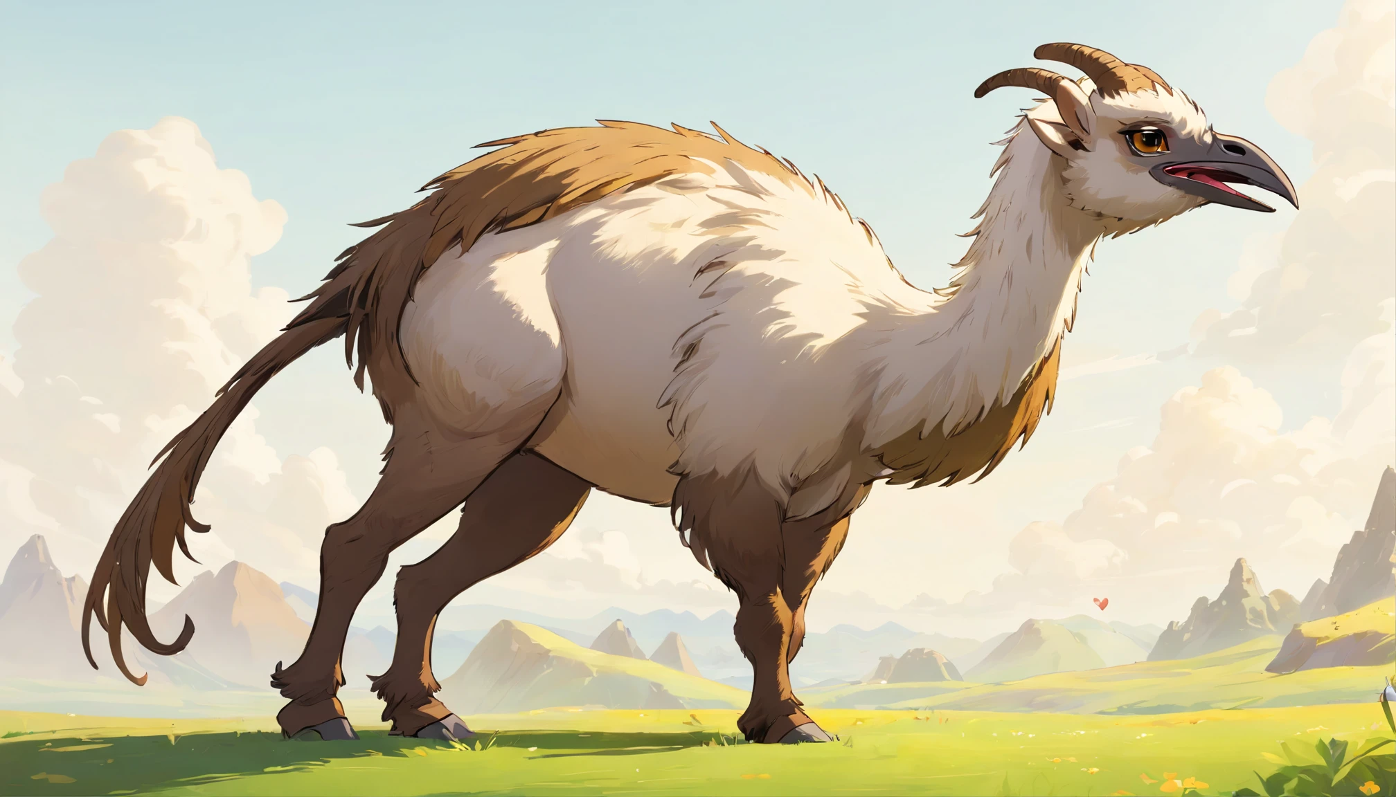 Bipedal creature with canine like face, ostrich style mammalian body, large goat horns, chimaera