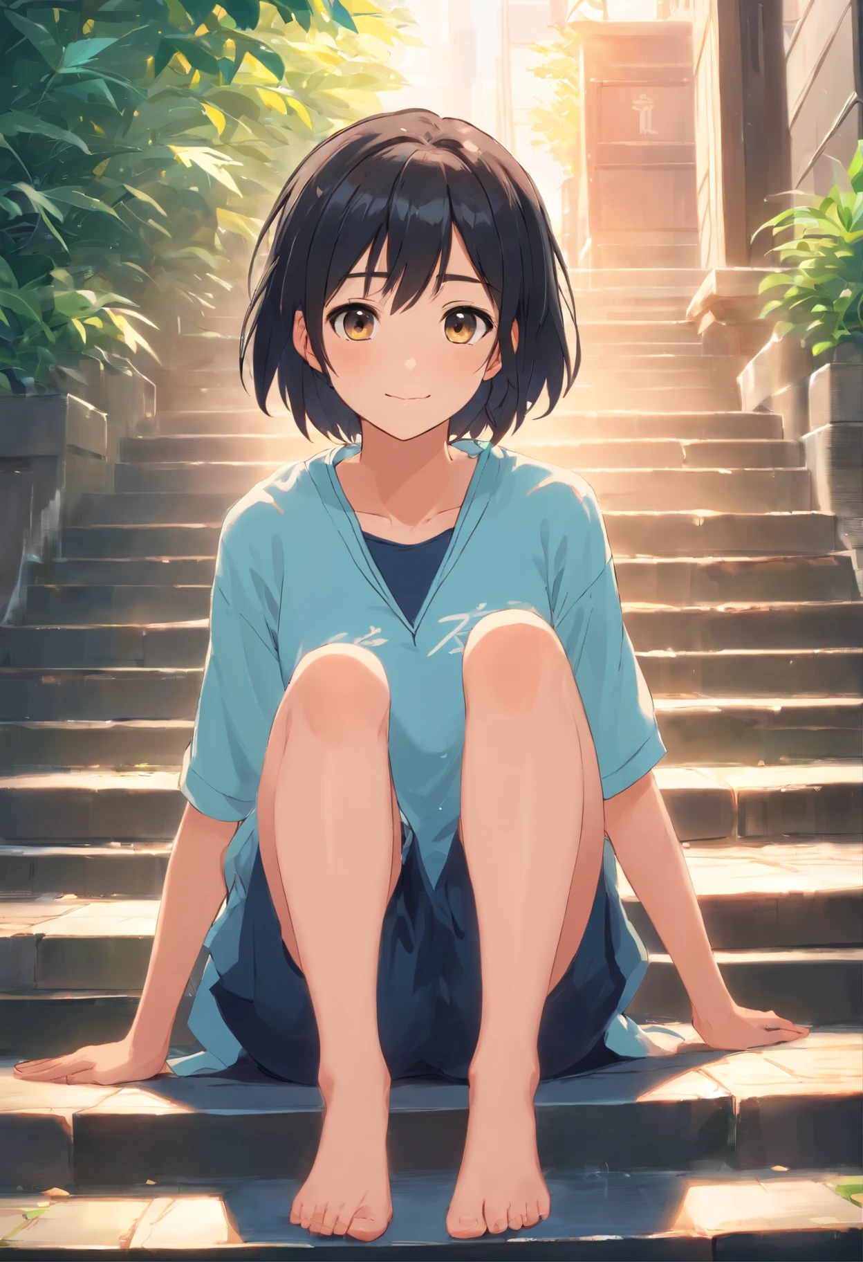 8K, Best quality, Masterpiece, 超高分辨率, (Realism: 1.4), Original photo, (Realistic skin texture: 1.3), (filmgrain: 1.3），Best quality,, (Fine details), (Intricate details), Cinematic light, Clear lines,1Blittle girl，adolable，ssmile，White eyes，with short black hair，JK，looking toward the viewer，Sitting on the steps