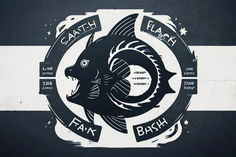 logotype,fin,black in color,Minimalist,2D,Add text "An old black fish"