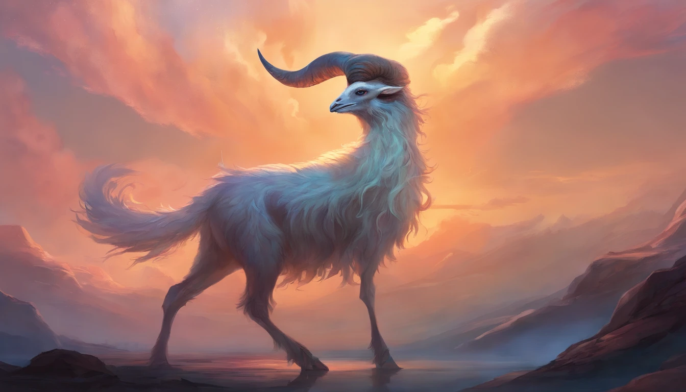 Bipedal creature with canine like face, ostrich style mammalian body, large goat horns, chimaera