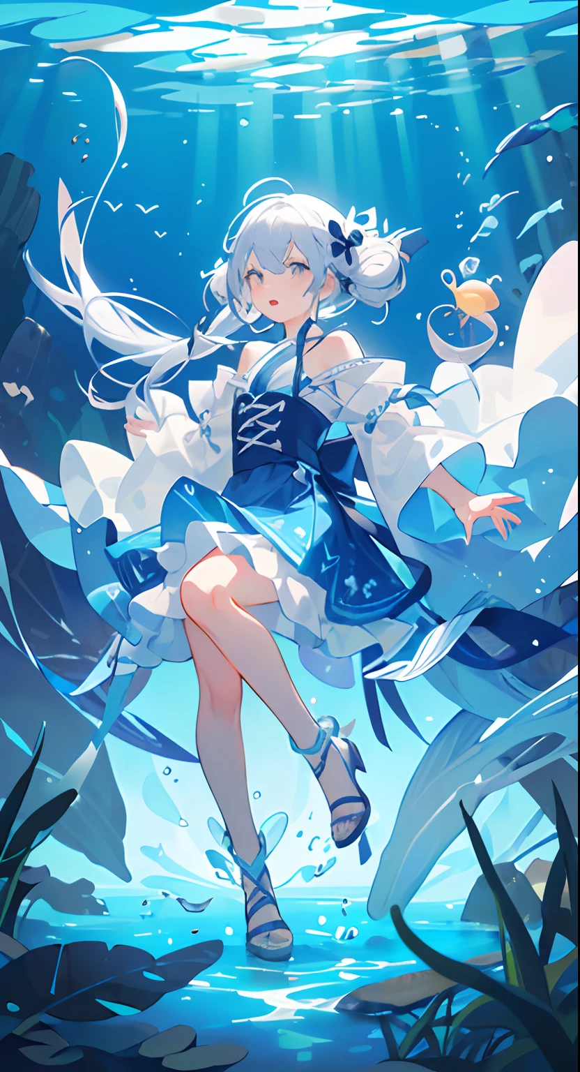 ((masterpiece,best quality)),(negative space:1.2),(1girl, solo:1.4),1child，Libido boy，美丽细致的眼睛，floated hair，under the water，Buble，The fish，（jelly fish），fluorescence，Turtlen，sea weed，