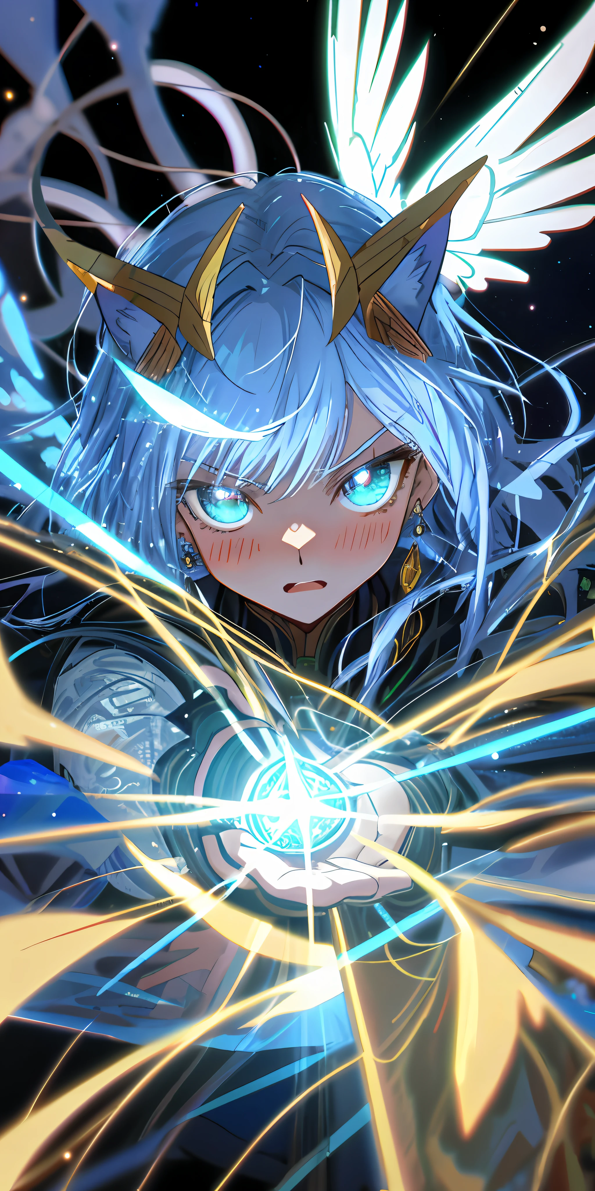 Anime Gundam beutiful Andromeda skin golem cat girl magic, aesthetic_eyes, detailed eyes, demon horn, facemask, wings, glowing, random fantasy hair, multicolored hair, body detailed, random very angry face, detailed face, Saenyo Ancalagon Anthropomorphic majestic Guardian | Portrait | finely detailed Crystal Celestial and Blue Galaxy armor| cinematic lighting | intricate filigree metal design | 8k | unreal engine | octane render | ahegao, detailed face, highly detailed, fantasy background, blush, cat_ears_earrings hair_ornament highres jewelry triple_earring, detailed all, solo, fightning stance, magic circle, electrification, lightning effect, ray tracing, detailed all, show your ability A.I, 4K Ultra HD.
