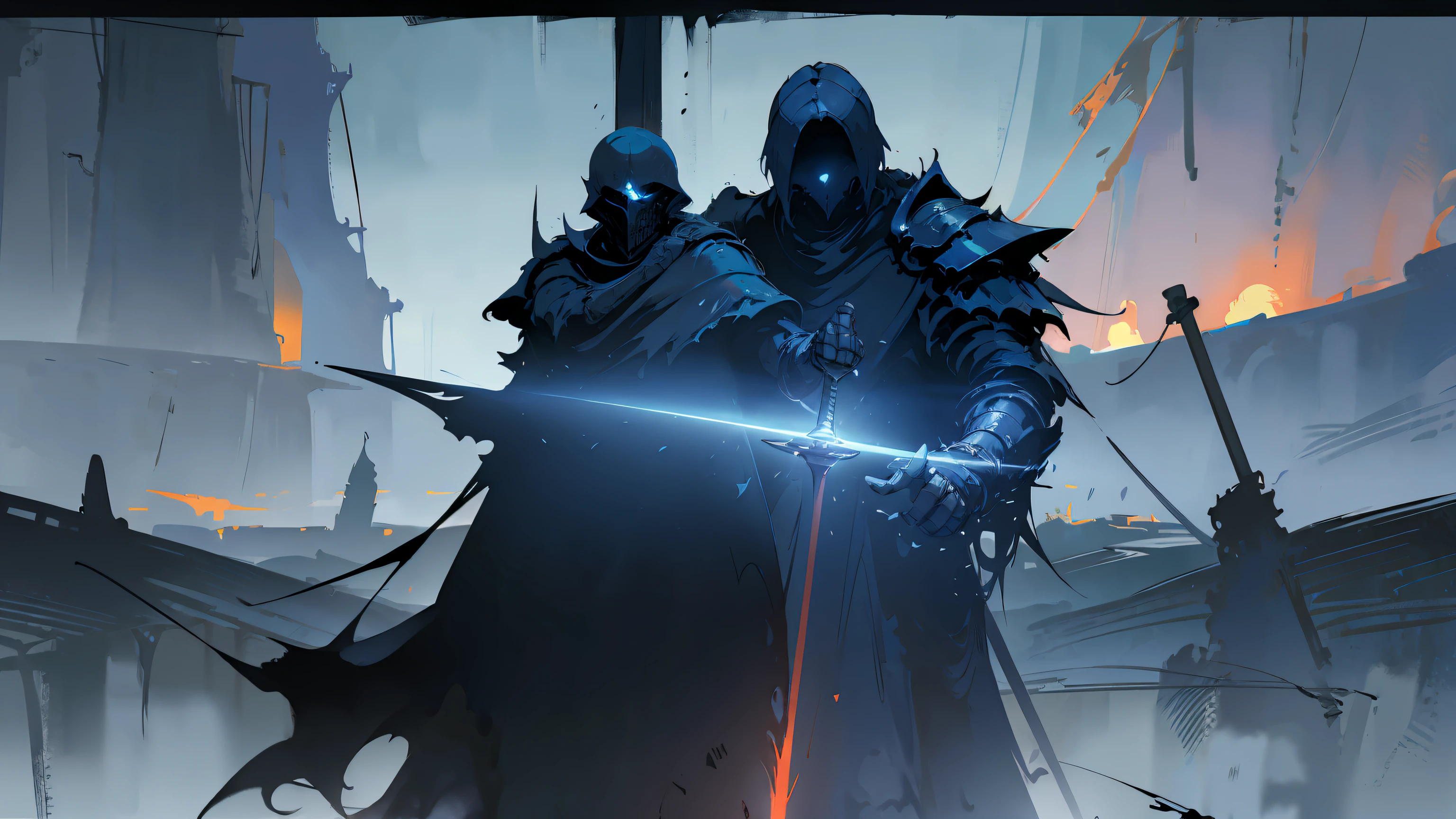 A man in a cloth robe holds a heavy sword, Brilliant colors,(cyan colors)(amarelo)(soot)(fog atmosphere)Illuminates the face,evil knight,fantasy knight,gothic knight,dark souls art style, dark souls concept art, digital painting concept art, digital concept art, darksouls concept art, illustration concept art, the dark souls knight, dark souls art, dark soul concept,concept art design illustration,Scene concept,