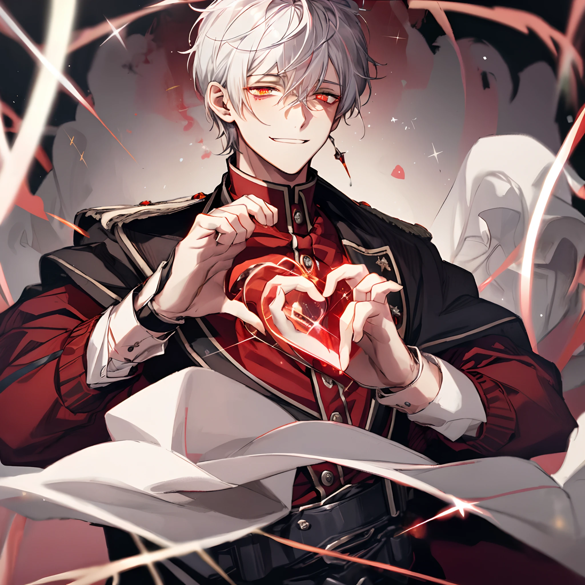 Best quality, ultra high detail, extremely detailed eyes, detailed face, male face, face focus, close up, a boy, short white hair, ((red incandescent sparkling eyes:1.4)), glowing eyes, (((heart hands))), (bleeding), entranced face, gothic static background with blood spreading, he wears a white jacket with blood, his smile is macabre, dark, dark--Niji:5--gothic cinema lighting--Paramount and Wit Studios, (((perfect anatomy))), only two arms