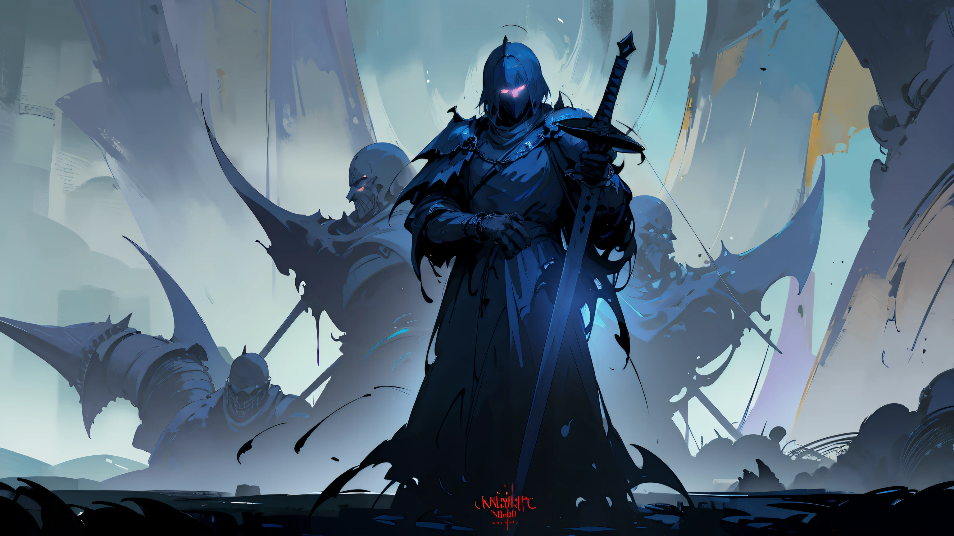 A man in a cloth robe holds a heavy sword, Brilliant colors,(cyan colors)(amarelo)(soot)(fog atmosphere)Illuminates the face,evil knight,fantasy knight,gothic knight,dark souls art style, dark souls concept art, digital painting concept art, digital concept art, darksouls concept art, illustration concept art, the dark souls knight, dark souls art, dark soul concept,concept art design illustration,Scene concept,