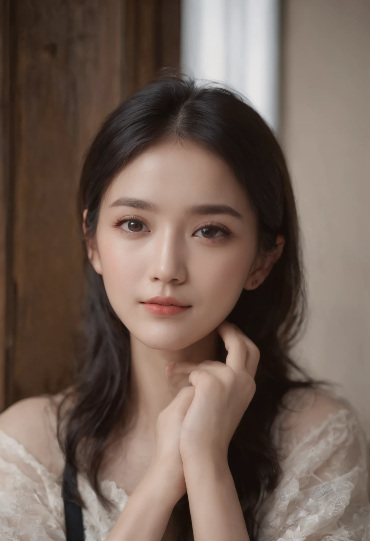 8K, Best quality, Masterpiece, 超高分辨率, (Realism: 1.4), Original photo, (Realistic skin texture: 1.3), (filmgrain: 1.3),Best quality,, (Fine details), (Intricate details), Cinematic light, Clear lines,1Blittle girl,adolable,ssmile,White eyes,with short black hair,JK,looking toward the viewer,Sitting on the steps