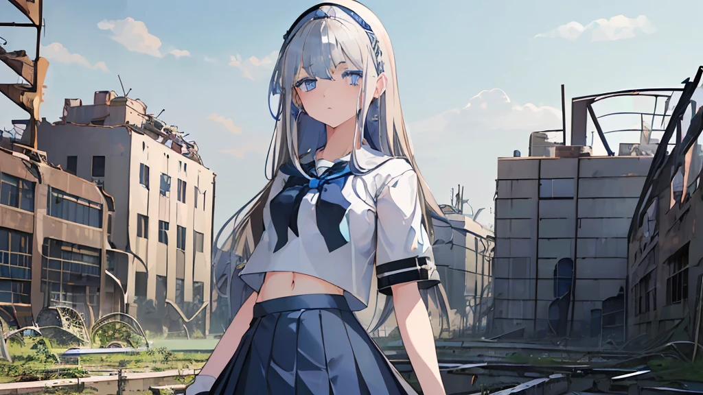 (one girls:1.3)、white hair、(Gray uniform:1.3)、(Skirt High School Student:1.3)、Dark blue skirt、(shortsleeves:1.2)、(a navel:1.3)、(blue eyess:1.6)、Works with a vivid texture、(length hair:1.2)、anime scener、云、during daytime、blue open sky、(abandoned factory:1.5)、factories、buliding、chimney、(anxious expression)