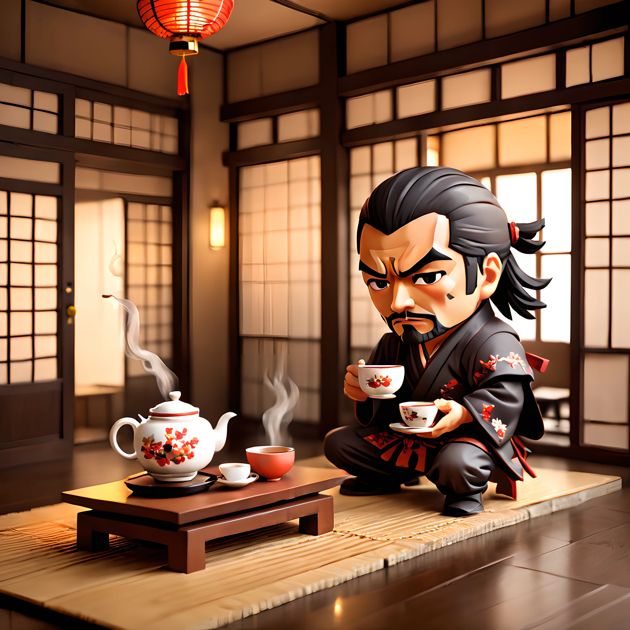 (Pixel art:1.5), (pixel theme:1.5), (chibi emote:1.5), (chibi character:1.5),(fantasy:1.5), (1japanse samurai:1.5), (Toshiro Mifune:1.5), (hot tea:1.5), (tea ceremony:1.5), (tearoom:1.5),(chinese tea cup:1.5),