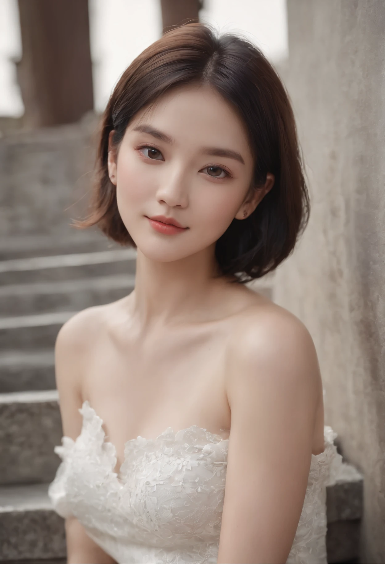 one Filipina model ,Unique short hair details, elegant virtual fashion, Near future , double eyelid, plump lips, professional makeup