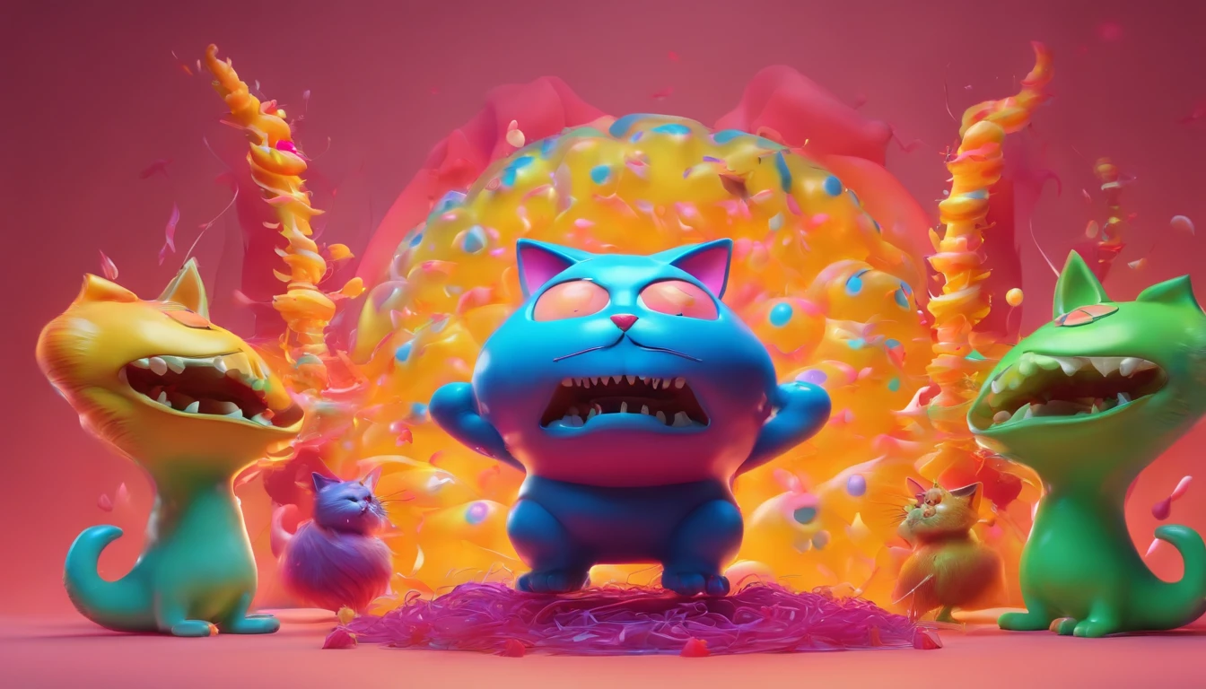Fat Psychedelic cat, representation of mania, Vomiting crazed souls, glowing souls, gothic chesire