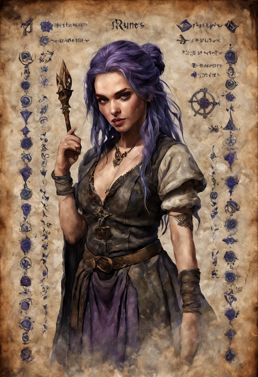 High quality, concept art with runes featuring a fantastic and beautiful female drawn on weathered parchment, using runes, character sheet, reminiscent of alchemical royalty Intricate details of alchemist witch costumes, perfect anatomy, parchment serves as a canvas decorated with ancient runes, hand-drawn sketches, by Yuki Sakura, high details, blue princess eyes, purple hair, alchemist witch