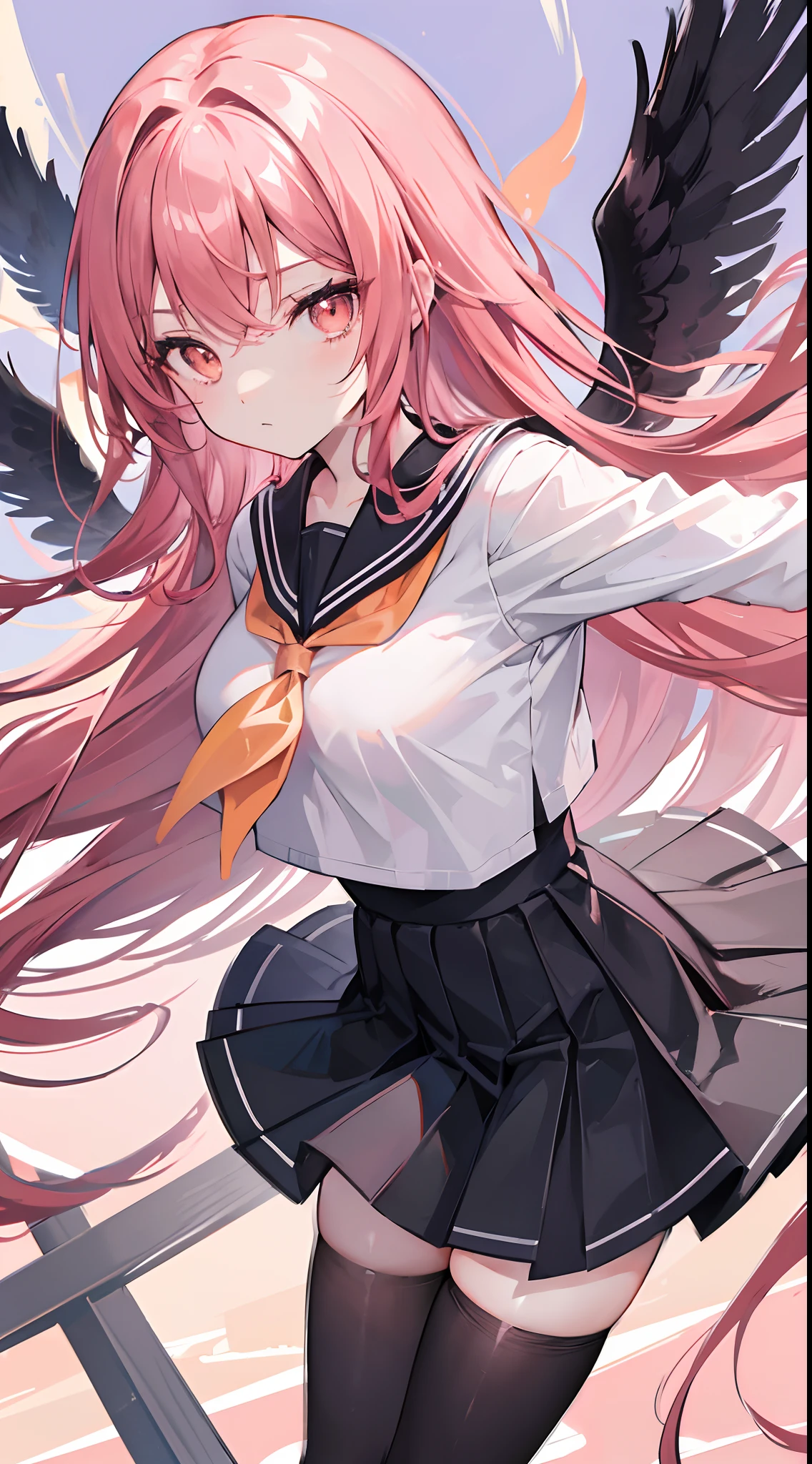 Pink Long Hair,dishiveredhair,orange eyes,Sailor uniform uniform school uniform,black lence stockings,Girls of medium stature,Two large wings with black feathers spread,Stand on the school rooftop,Eye highlights,expressiveless,Indifferent eyes,The wings spread out and there was a strong wind blowing around