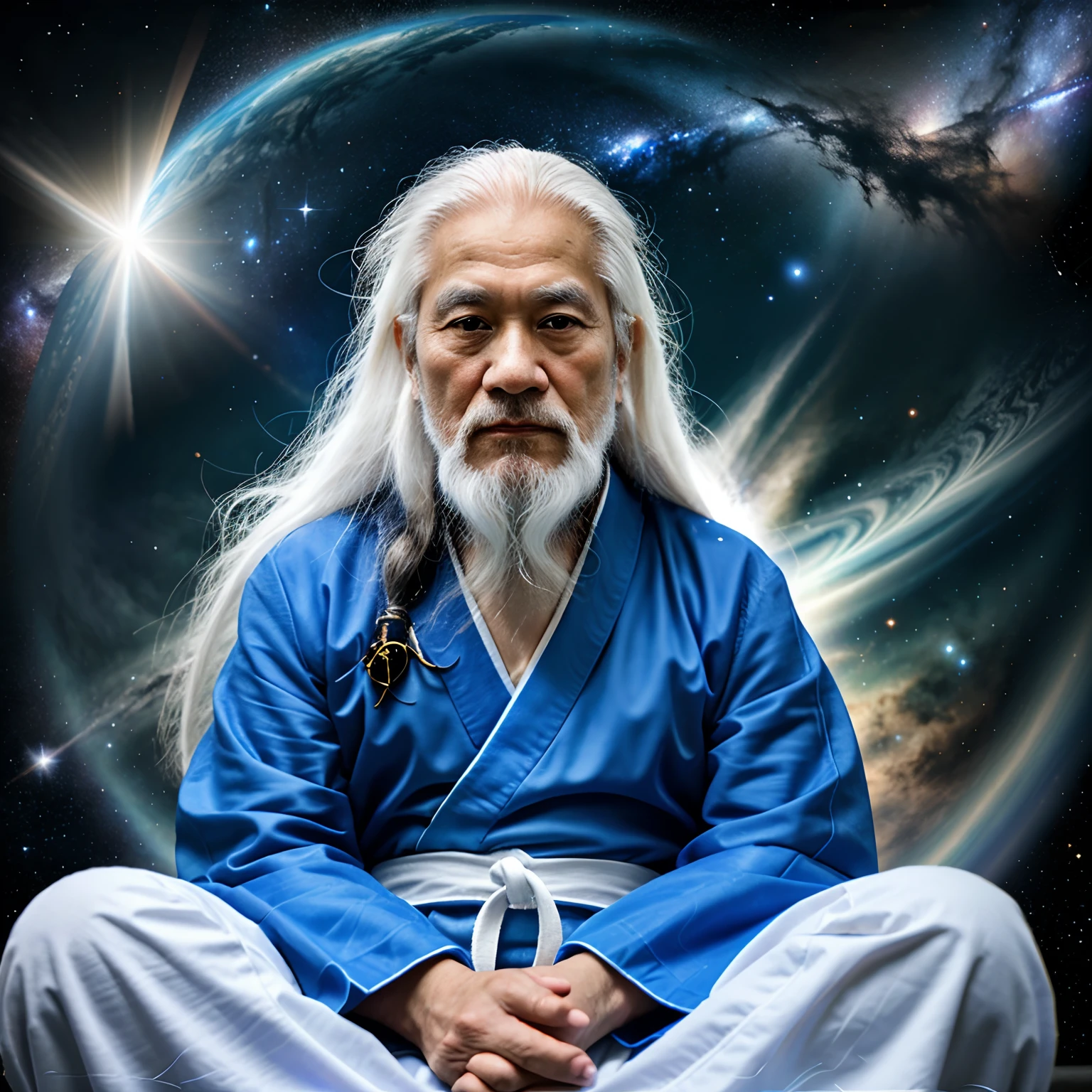 78-year-old Asian middle-aged Taoist elder sitting in the universe close-up,long  white hair，Fairy wind road bone，A meditative，There is a white beard，Meditation cross-legged，Daoism, Wear a blue robe and a black belt，Space starry sky background，milky ways，magic aura，Taoist master,Taoist，universe background，at centre，Face the lens，Very bright colors, Light particles, with light glowing, Mshiv, wallpaper art, UHD wallpaper