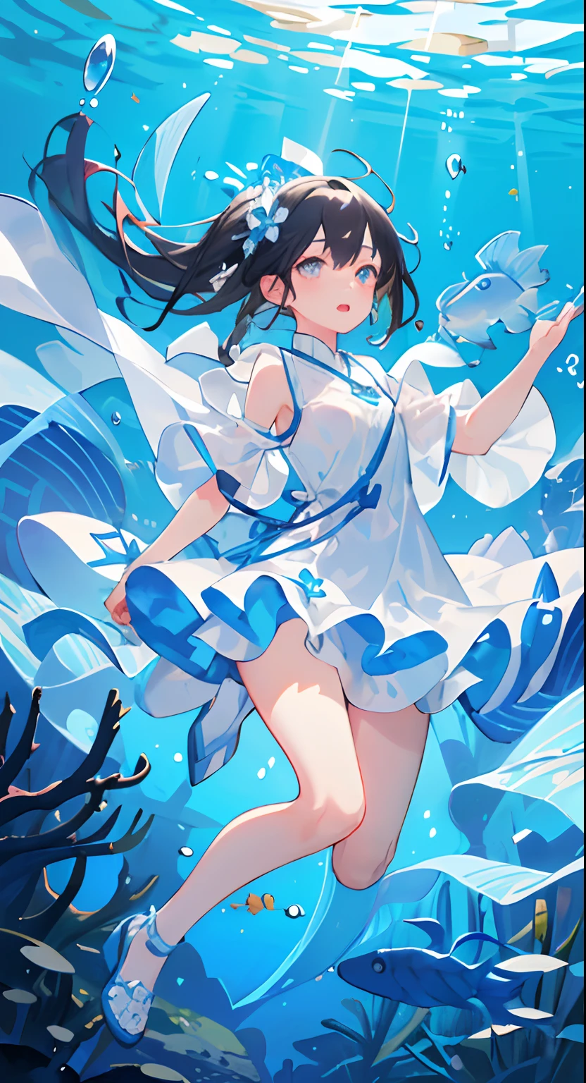 ((masterpiece,best quality)),(negative space:1.2),(1girl, solo:1.4),1child，Libido boy，美丽细致的眼睛，floated hair，under the water，Buble，The fish，（jelly fish），fluorescence，Turtlen，sea weed，