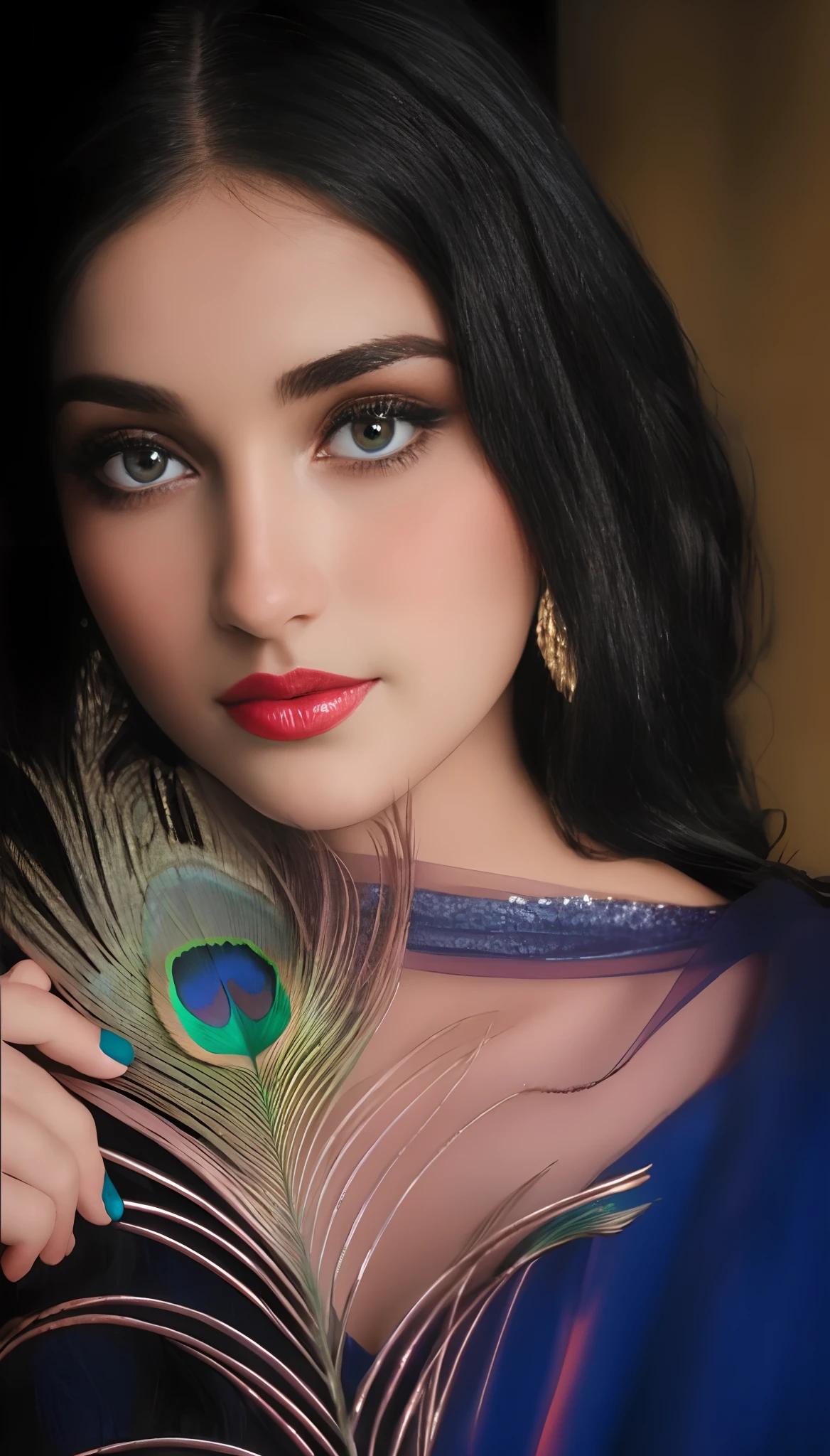 a close up of a woman holding a peacock feather in her hand, very beautiful girl, cute beautiful, beautiful cute, very beautiful face, beautiful model, very beautiful photo, beautiful girl model, traditional beauty, beautiful model girl, extremely beautiful face, very pretty model, attractive girl, innocent look. rich vivid colors, profile pic, beautiful face!!!!