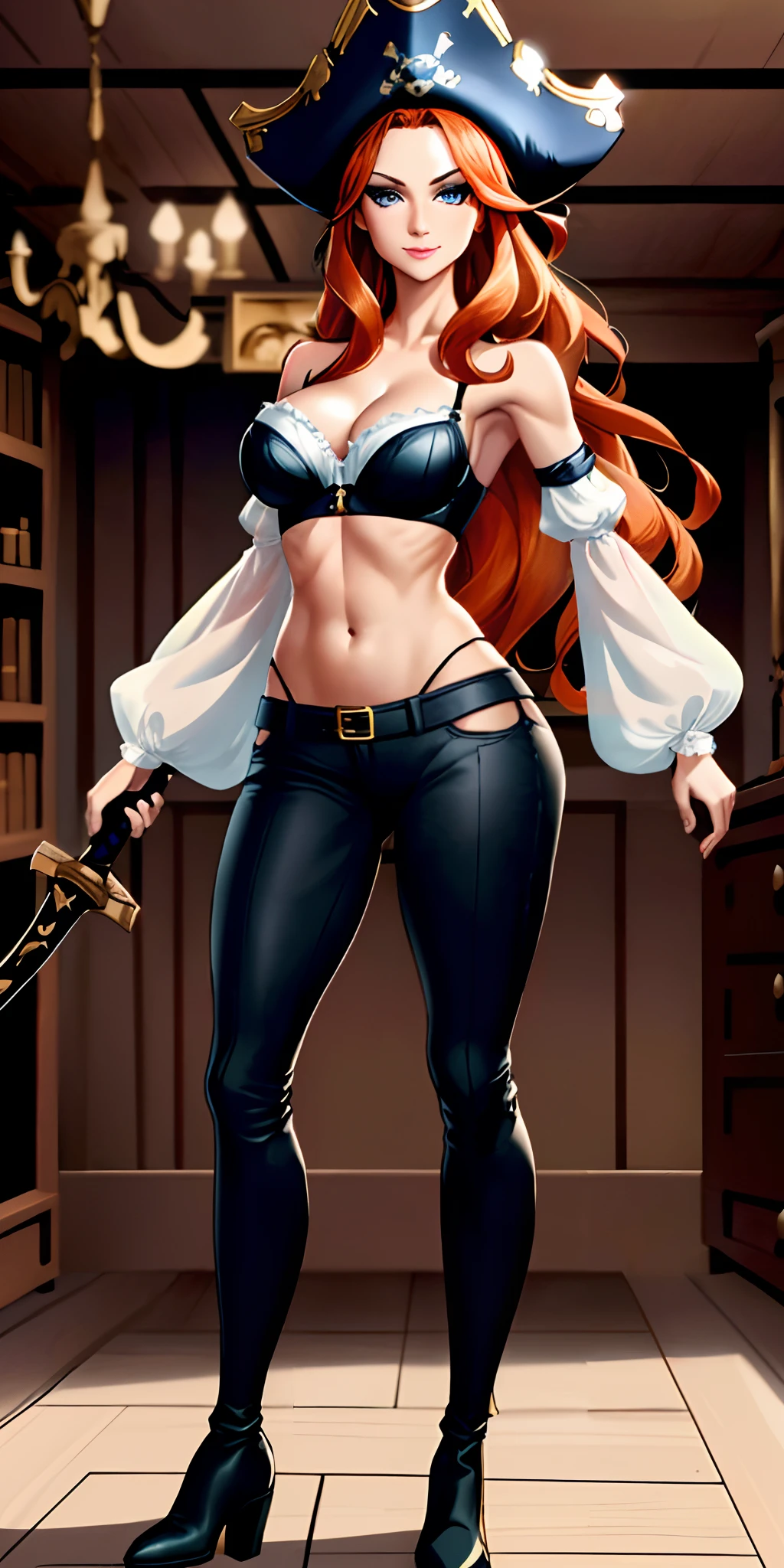 (masterpiece, best quality)1.5, 1girl, solo, (sexy, beautiful woman, perfect face, perfect eyes)1.5, (sarah fortune, miss fortune, black pants, knee-high boots, black midriff, cutlass sword, pirate hat, black bra, strap slip, bare shoulders, detached sleeves, wide white sleeves, pants ), (standing inside the captain's room of a pirate ship)1.5, (orange hair, blue eyes), (medium breasts:1.5), (perfect female body:1.5), seductive smile, perfect lighting, smooth, hdr, 8k resolution,