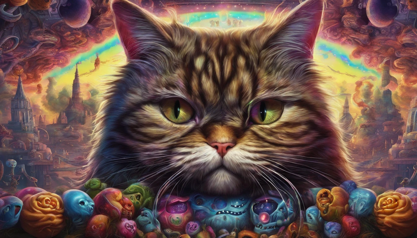 Fat Psychedelic cat, representation of mania, Vomiting crazed souls, glowing souls, gothic chesire