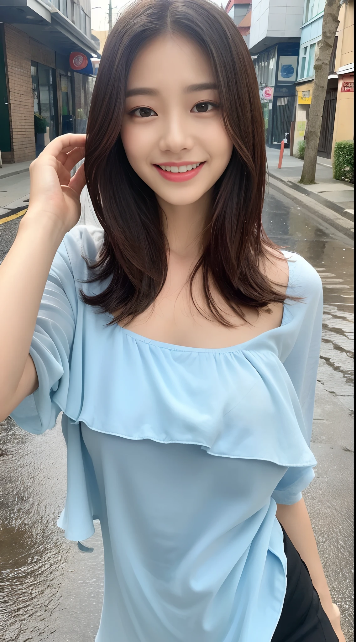 ((Best Quality, 8k, Masterpiece: 1.3)), Focus: 1.2, Perfect Body Beauty: 1.4, Buttocks: 1.2, ((Long Hair)), (Wet Clothes: 1.1) , (Rain, Street:1.3), Bandeau Dress: 1.1, Highly Detailed Face and Skin Texture, Delicate Eyes, Double Eyelids, Whitening Skin, Smile