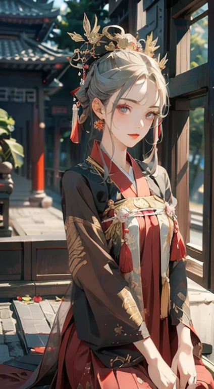 tmasterpiece,k hd,1girll,Gray hair,red color eyes,Hanfu,Wearing a golden cross on his head,Sit on flowers,Background with:Ancient Chinese imperial garden