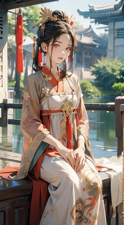 tmasterpiece,k hd,1girll,Gray hair,red color eyes,Hanfu,Wearing a golden cross on his head,Sit on flowers,Background with:Ancient Chinese imperial garden