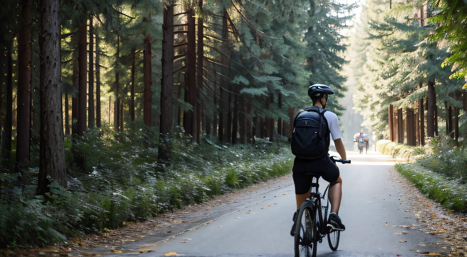 European and American Forest Park,The back of a young man,Riding a bicycle,Carrying a black sports backpack