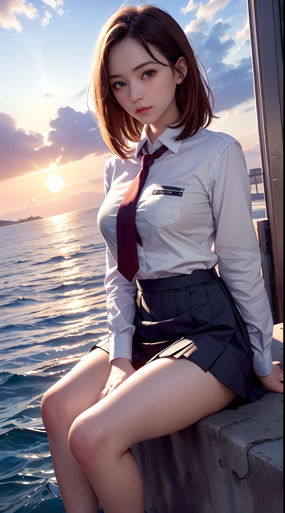 Pubic hair grows、Smile full of happiness、((Looks happy:1.3))、Panting face、Lacking、Sweating、Expression in a state of excitement、short-hair、eye glass、1young girls, Smile embarrassedly, (Highly detailed eyes, Highly detailed hair, Highly detailed face), extremely detailed CG unified 8k wallpaper, Highly detailed, High-definition raw color photos, Professional Photography, Realistic portrait, Cinematic Light, Bangs, (Beautiful breasts), (High school uniform with open chest), (Pleated mini-skirt:1.2), hair blowing in wind, (The crotch crack is fully visible..:1.3), Sitting, Spread your legs wide, Outdoors, Beach, (Beautiful sunset:1.2), (((Bokeh))), depth of fields, (View from below),
