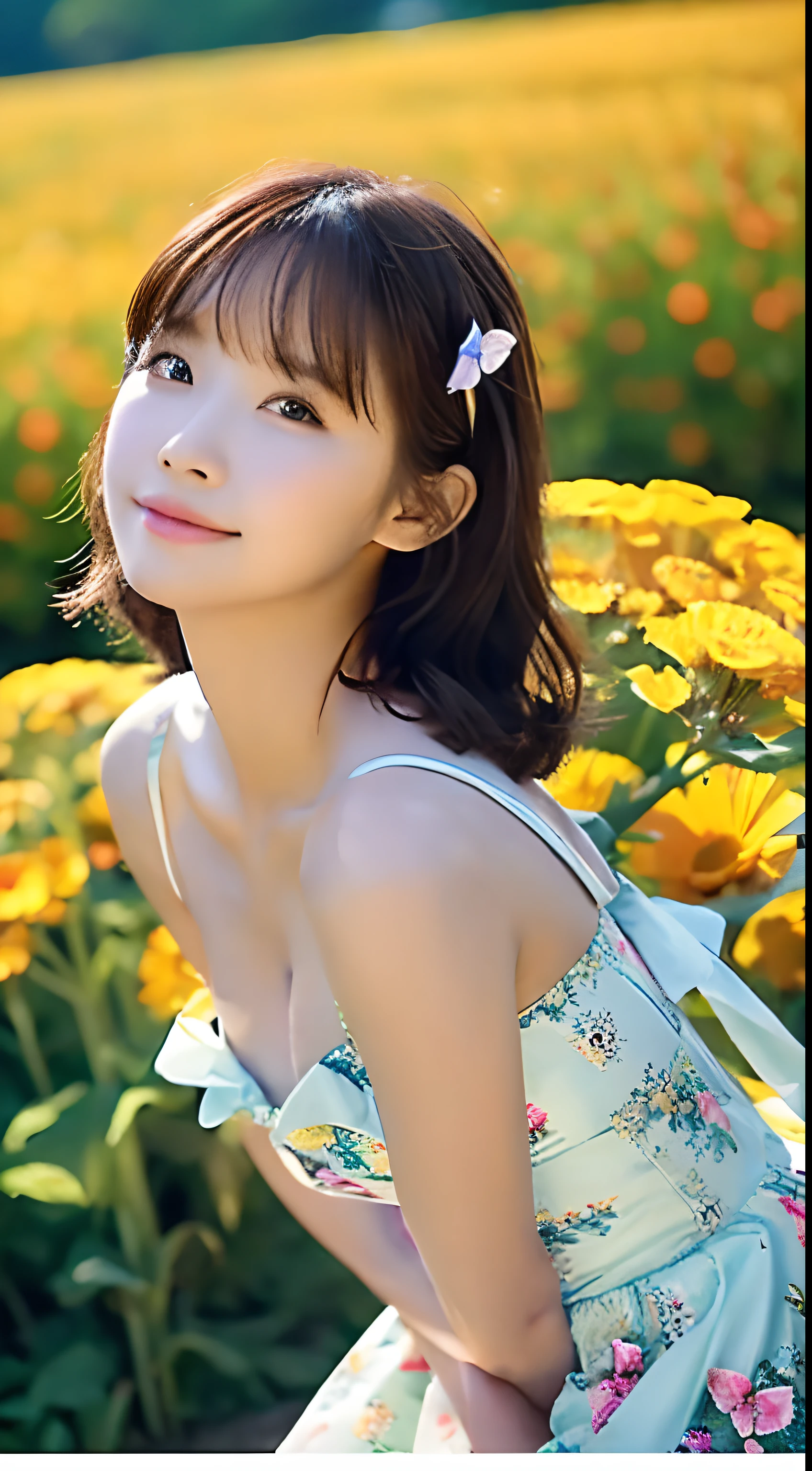 masterpice, (Best Quality), ((best detailed)), depth of fields, beautiful Girl, Beautiful face, Nature, Spirit, florals, colorful scenery, Flowers, butterflys, Sparkling dresses, element in,Flower fields on the plateau,