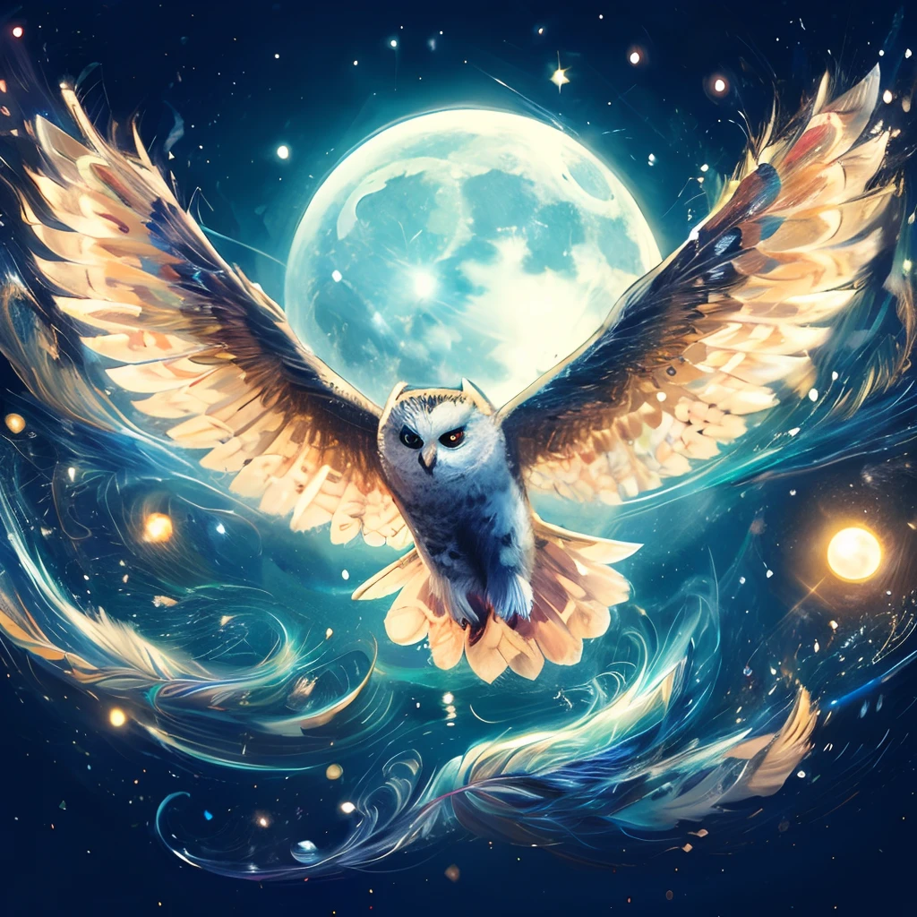 Snowy owl flying in the night sky with the full moon in the background, Glowing Snowy Owl, jen bartel, glowing owl, beautiful digital works of art, glowing white owl, high quality hd digital art, background artwork, 4K highly detailed digital art, digital arthigh quality, owl wizard, Very high quality artwork, high-quality digital art, high-quality digital art