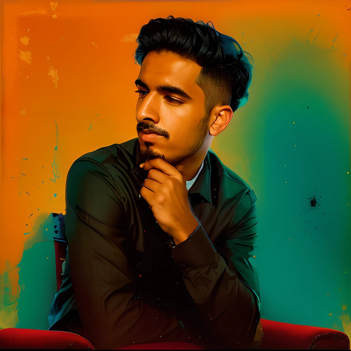 there is a man sitting on a chair with his hand on his chin, portait photo profile picture, alternate album cover, album art, asher duran, mohamed chahin, riyahd cassiem, album cover!, album cover, music album cover, christian orrillo, khyzyl saleem, andres rios, nivanh chanthara