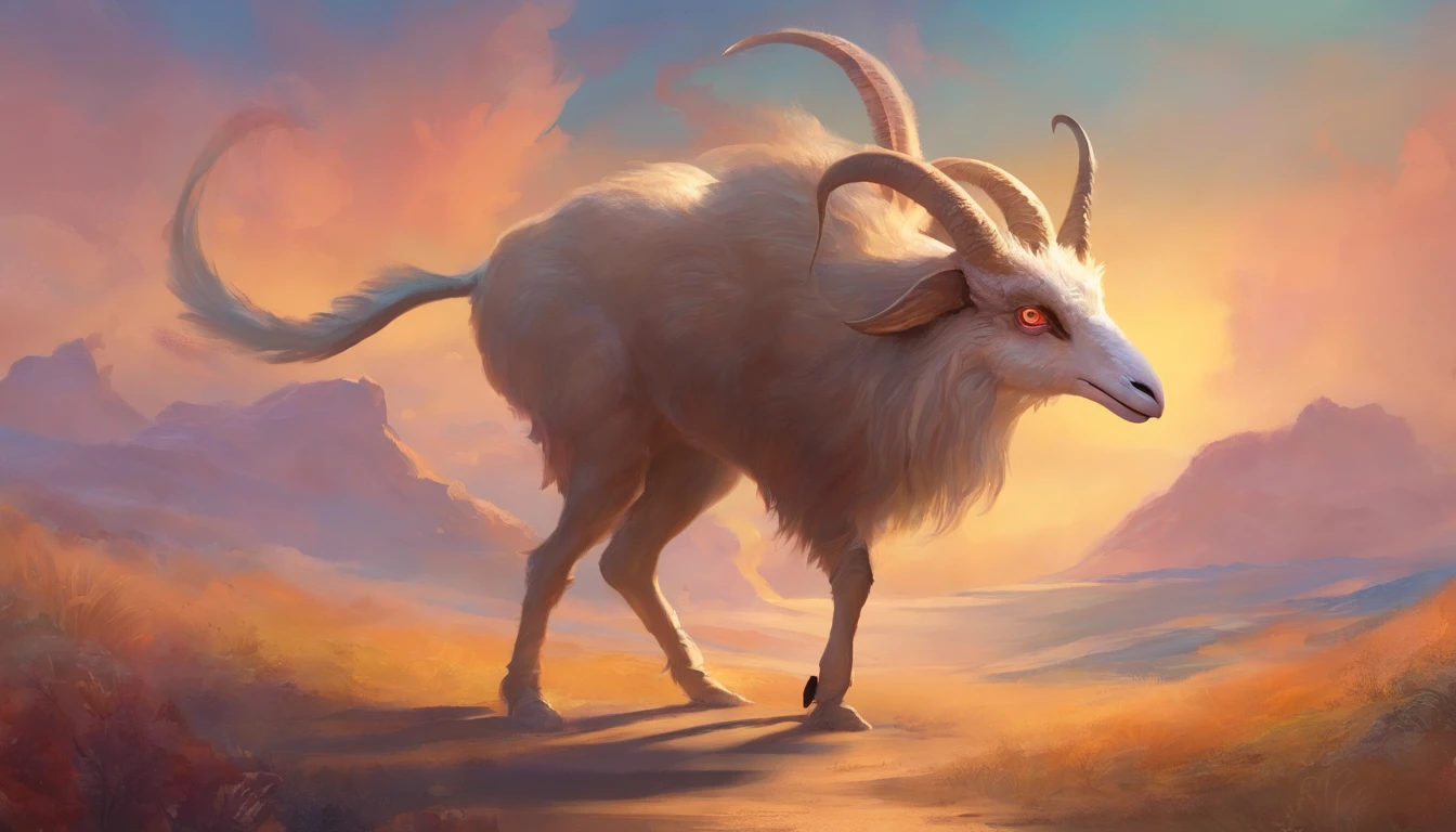 Bipedal creature with dog like face, ostrich style mammalian body, large goat horns, chimaera