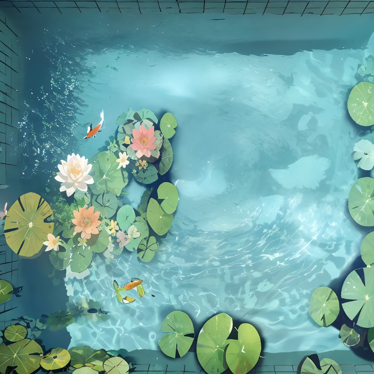 There is a picture of the pool,There were lilies and a fish in it, Lotus pond, Koi pond, Small pond, photoshop water art, realistic water, author:Julian, water art photoshop, waterlily pond, Water painting, digital painting highly detailed, Lotus, serene illustration, lotus flowers on the water, background artwork, reflective water koi pond, pond, water landscape