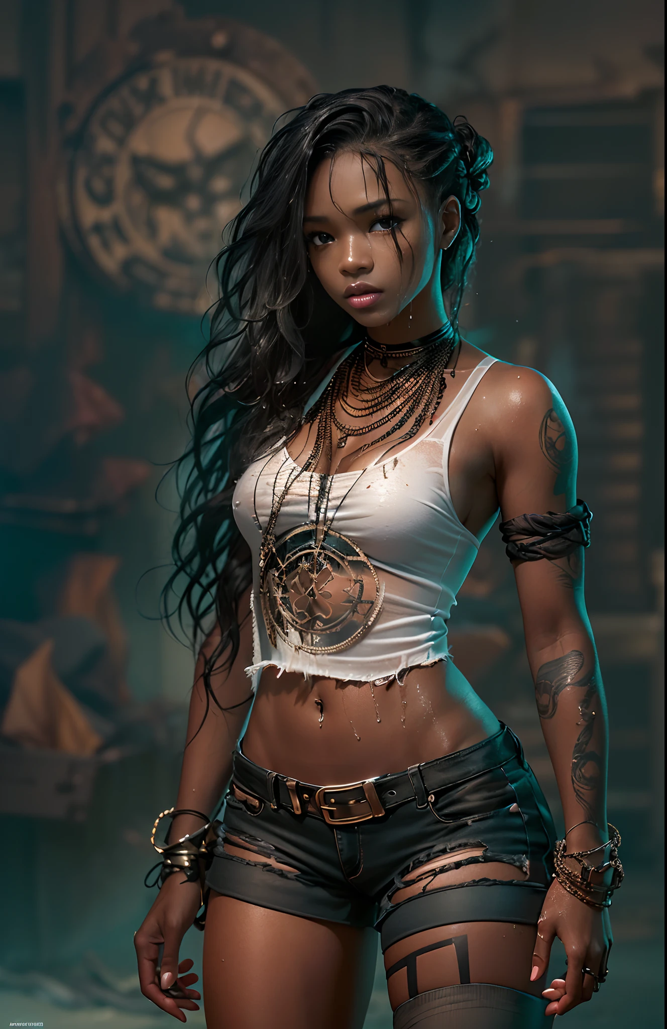 ((21-year-old))), black girl, (((light skin))), (((full body pose))), (((long curly black hair))), (((no bra, wrapped in chains, boots, guns))), (((black fishnet bodysuit))), (((submissive))), (((metal choker))), (((post apocalyptic scene, old cars, fire, death))), dark fantasy, (((thigh gap with cameltoe))), Rich, Deep Colours, (intricate details:0.9), (HDR, hyper-detailing:1.2), (natural skin textures, hyper realisitc, glistening skin, soft light, Sharp),