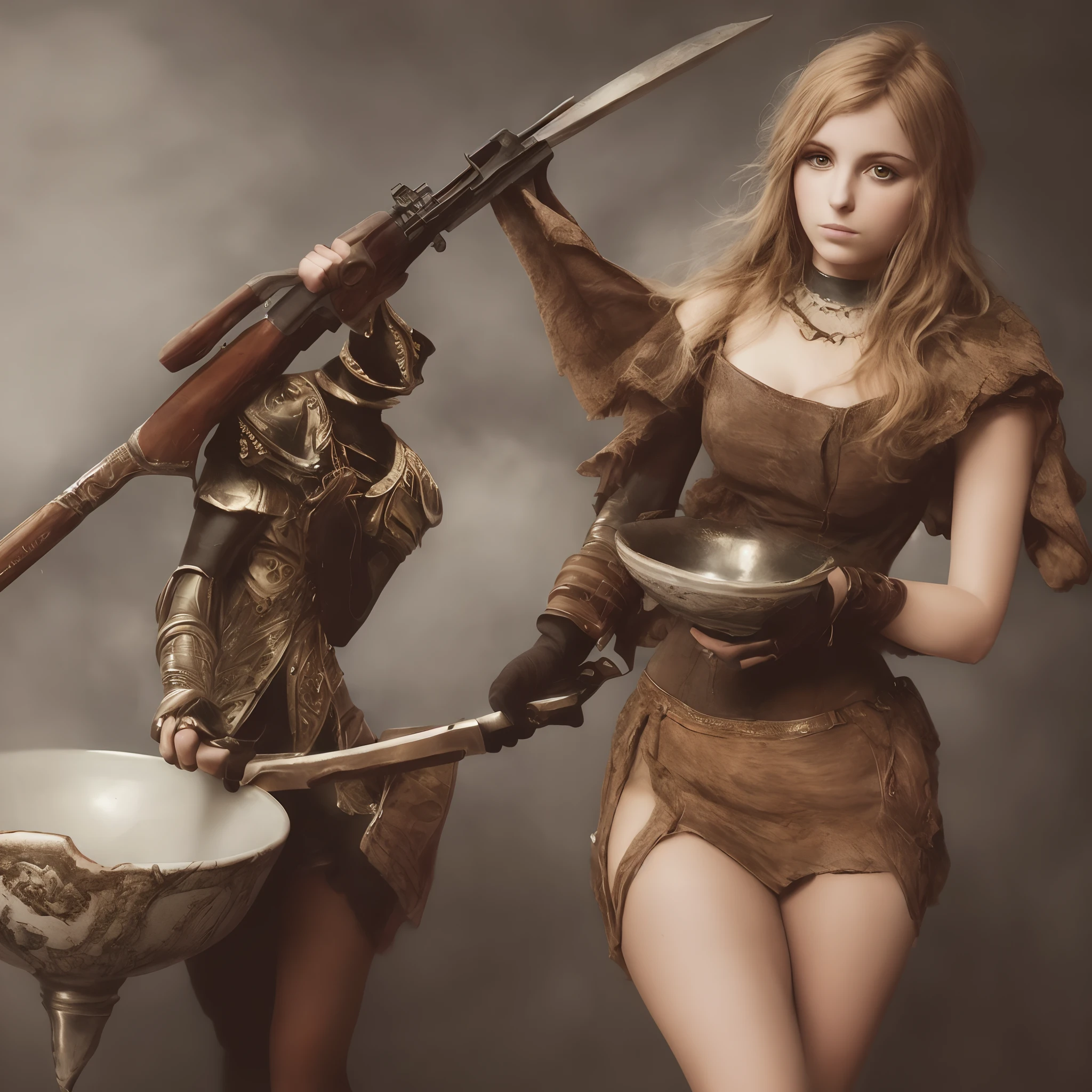 A beautiful girl holding a weapon and wearing a bowl