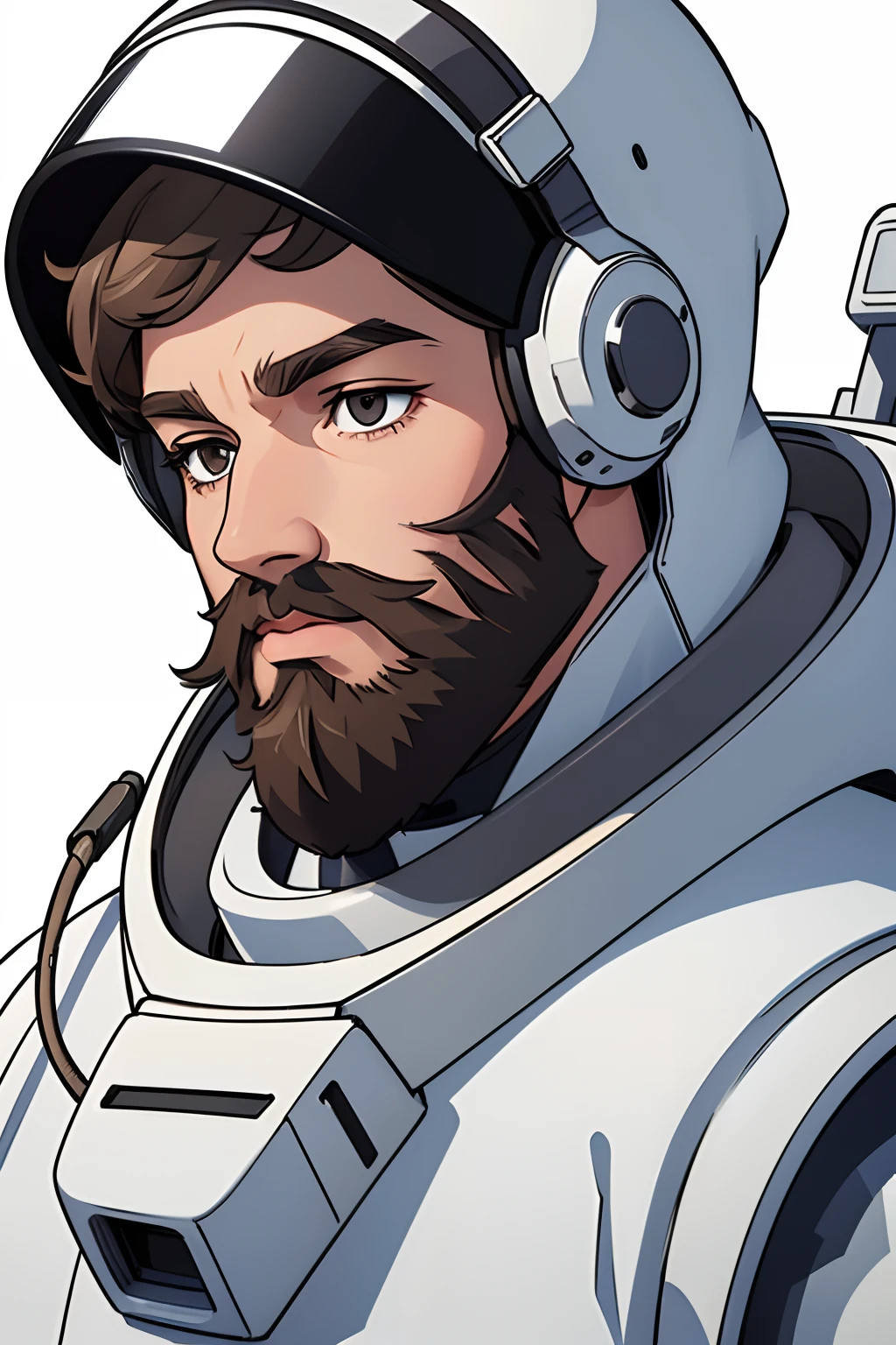 handsome and asethetic, masterpiece, white background, plain background, best quality, drawing of a of a close portrait, man in a retro spacesuit with reflective helmet, covered face. brown eyes, grey hair great beard
