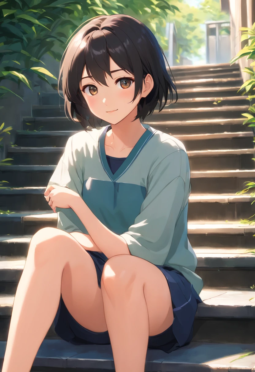 A young girl wears a blue shirt,Sneakers,Jeans light blue side of a little back