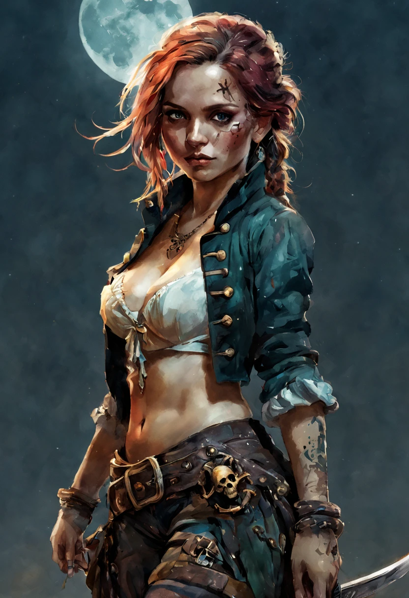 sticker of a cute female pirate, digital illustration, disney, rule 63, full body, perfect anatomy, perfect face,  showing esthetically, abstract beauty, beautiful, centered, looking at the camera, approaching perfection, dynamic, moonlight, highly detailed, watercolor painting, artstation, concept art, smooth, sharp focus, illustration, art by Carne Griffiths and Wadim Kashin