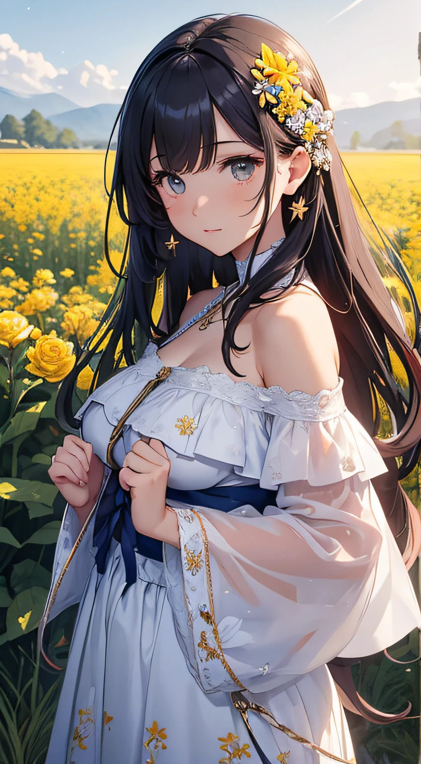 ​masterpiece、Background with（（Fantastic starry sky、kosmos、Meteor swarm、Luminescent yellow flowers all over the place、flower  field））、About 30 years old、a beauty girl、glamor、huge tit、It's so big that it almost overflows from your clothes、Great embroidery on a white mini dress with a lot of exposed skin、No Shoulder、Exposing the chest、Taking it off、She wears her hair in a beautiful floral ornament、heavy wind、pantiy、Underwear is visible