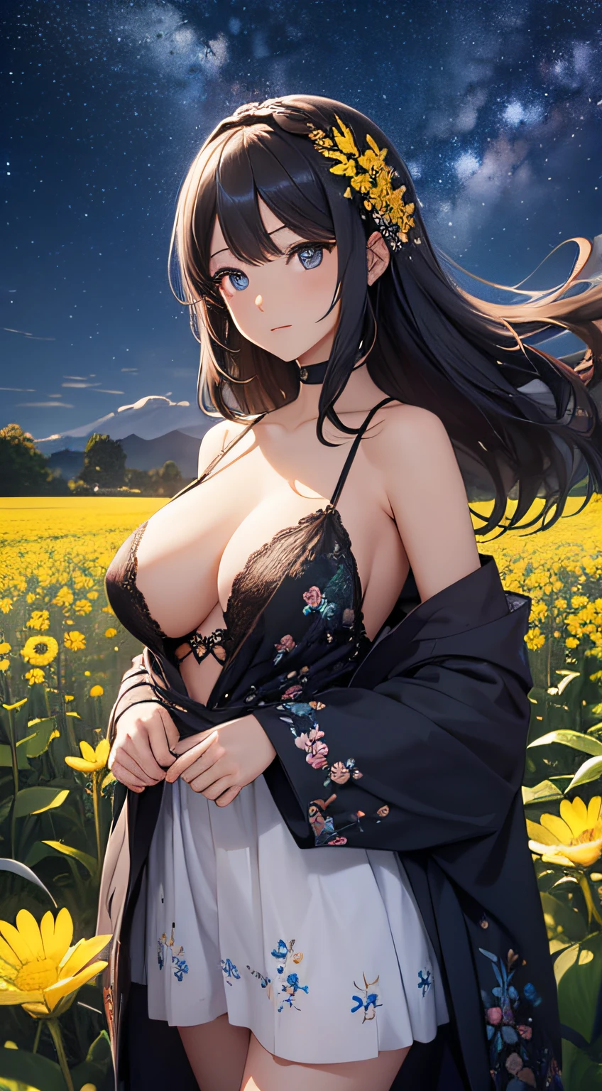 masterpiece、Background with((Fantastic starry sky、kosmos、Meteor swarm、Luminescent yellow flowers all over the place、flower field))、About 30 years old、a beauty girl、glamor、huge tit、It's so big that it almost overflows from your clothes、Great embroidery on a white mini dress、No Shoulder、Exposing the chest、Taking it off、She wears her hair in a beautiful floral ornament、heavy wind、pantiy