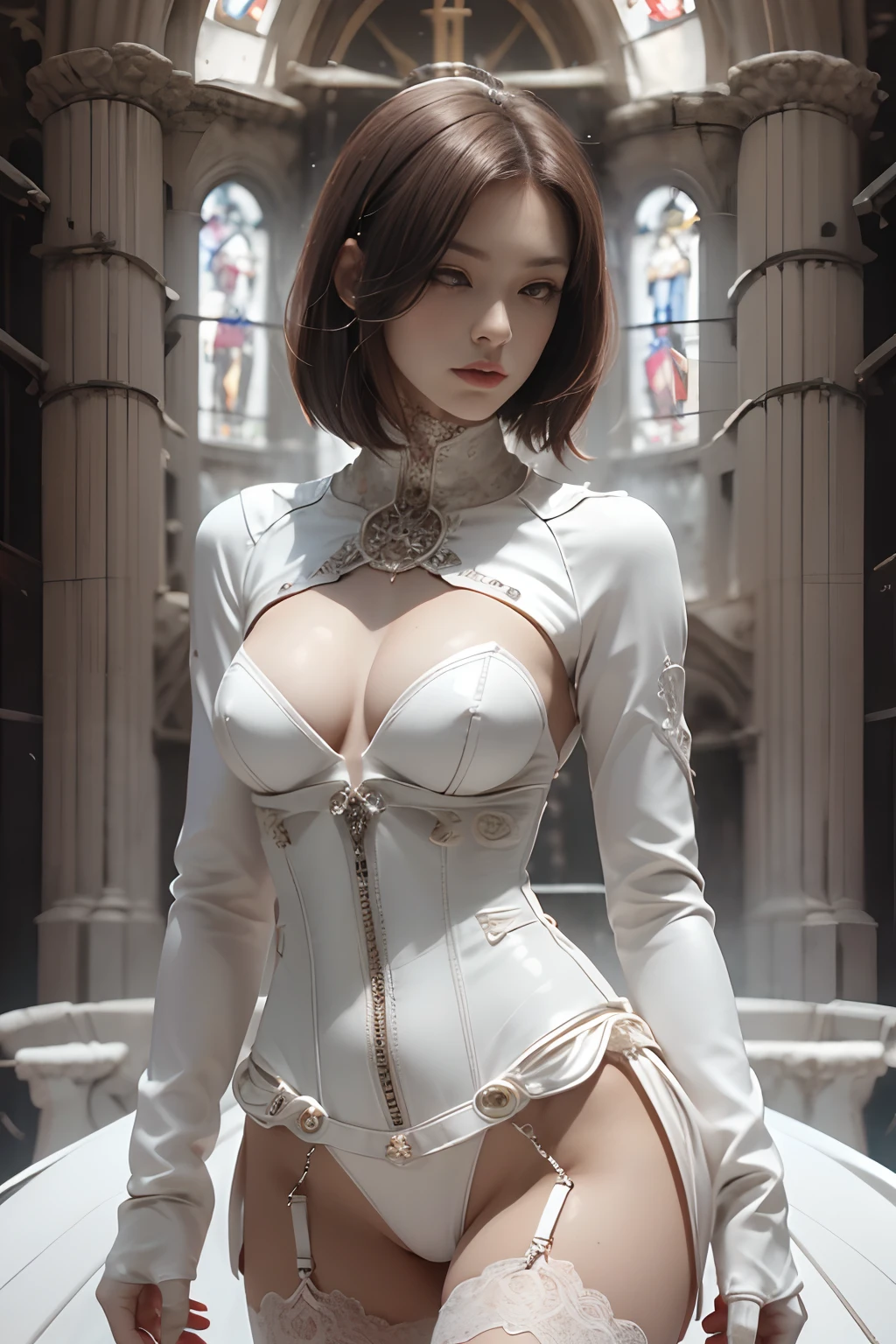 Japan maiden posing in pearl white leather corset,((small tits,well-shaped bust,slim body and constricted waist,,,,,,,,,,,,,,,,,)),,,,,,,,, (((Absolute full-length images,front-facing view))),honey birdette, White silk bra&pantiy,Transparent Panty House、 Sexy corset in white color, Medium, Long White Leather Boots, lace decoration ,Cybernetic style,nippless,short hair of dark chestnut color,,,,,,,,,,,,Inside the cathedral