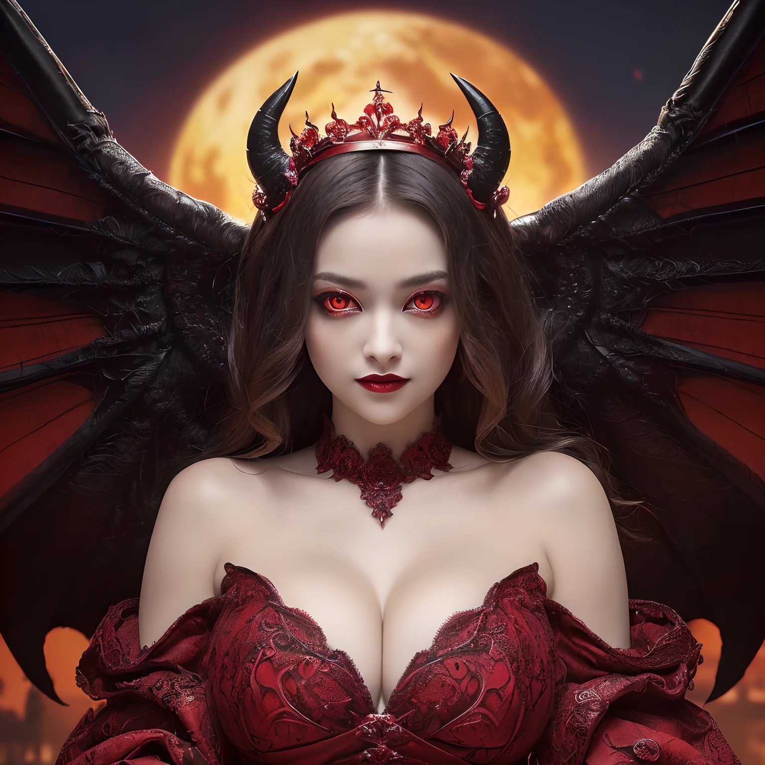 (Her glowing red eyes:1.5),(Fiery red glowing eyes:1.2),(Bright red eyes:1.2),(Her eyes glow red:1.5),((masutepiece、top-quality、Award-Winning Works、Highly detailed and elaborate textures、The most complex and detailed textures、The most complex and detailed textures of wings and horns、Super High Detail))、(Her glowing red eyes:1.5),(Fiery red glowing eyes:1.2),(Bright red eyes:1.2),(Her eyes glow red:1.5),((eyes glowing red,Glowing red eyes,Glowing red eyes)),((A very beautiful demon queen,Wings with the most realistic and intricate textures,The most detailed and intricate wing textures,Luxurious long dresses,The background is a complex and detailed castle exterior,Giant Devil Tiara,Big Princess Dresses,Final form as a complete demon,The Devil's Masterpiece,Frightening giant wings,Huge and intricate demon wings,Big Devil's Horn,Realistic and big horns,Creepy horns,Wings with a very elaborate texture,Wings with a very complex texture,Creature wings with a very realistic texture,Wings of a terrifying monster,The most intricate and luxurious gothic dresses,Bright red lipstick, Red Eyes,The most gorgeous princesses dress up with achievements,The most beautiful princesses in the world,Spooky and beautiful demons,The cutest face,Intricate and solemn black dress,Evil and beautiful demon,The most majestic appearance of the Demon Queen,Huge Queen Tiara,The most complex depictions of demons,Accurate reproduction of perfect demonic details,The appearance of an unimaginably gorgeous demon,The unimaginably huge and beautiful appearance of the demon,Complex medieval European castle in the background,The most intricate and detailed castle appearance,The perfect castle,With the sunset and the castle in the background,Castle dyed in the sunset,Fantastic sunset,Romantic sunset,spectacular movie lighting,Sparkling sunset)),((Most beautiful face,Half Japan and half Spanish,The happiest smile,Beautiful wavy hair,The most luxurious and intricate dresses,The biggest smile staring at the camera,Chest that seems to burst,A dress that tightens the waist,Slimed,Colossal tits,Emphasize body lines,Giant wings of the devil,masutepiece,8K,very intricate,ultra-detailliert))